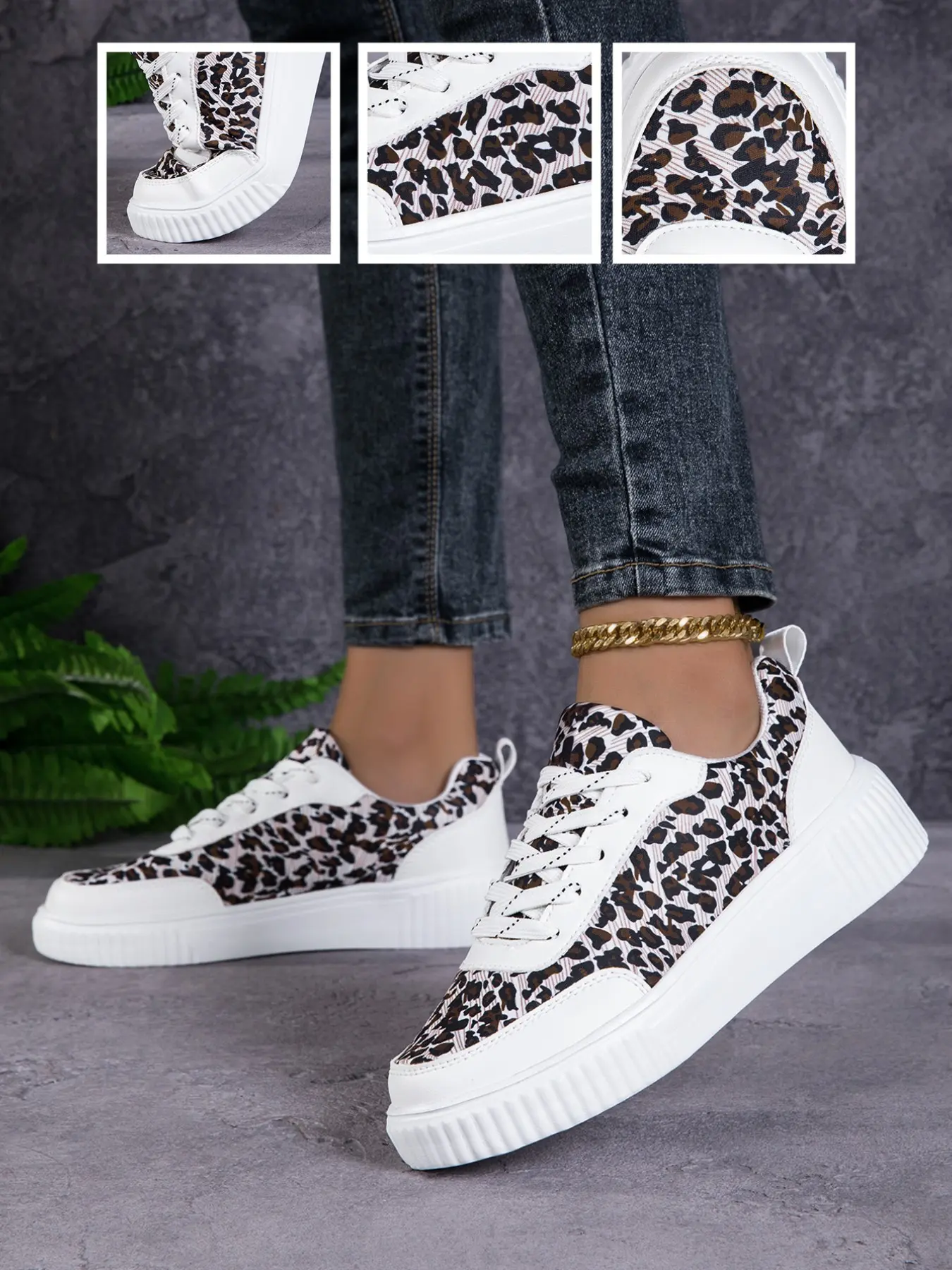 New Women's Leopard Print Sports Skate Shoes, Casual Lace-Up Breathable Mesh Upper, Lightweight Comfortable Eva Sole, All Seasons Leopard Sneakers