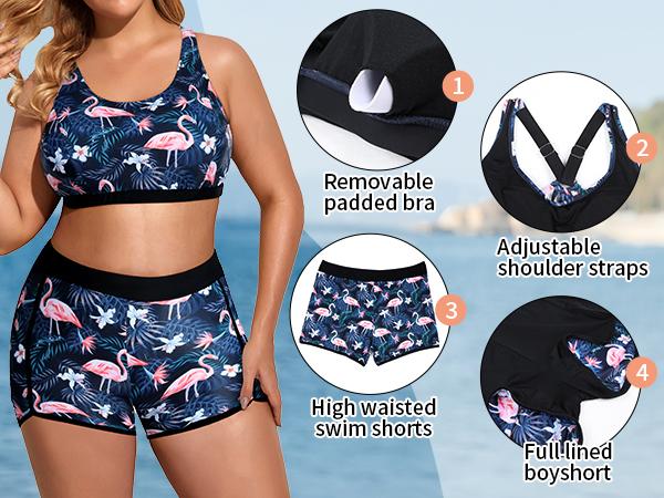 Holipick Women Plus Size Three Piece Tankini Swimsuits Tummy Control Bathing Suits with Boy Shorts Tank Top with Sports Bra