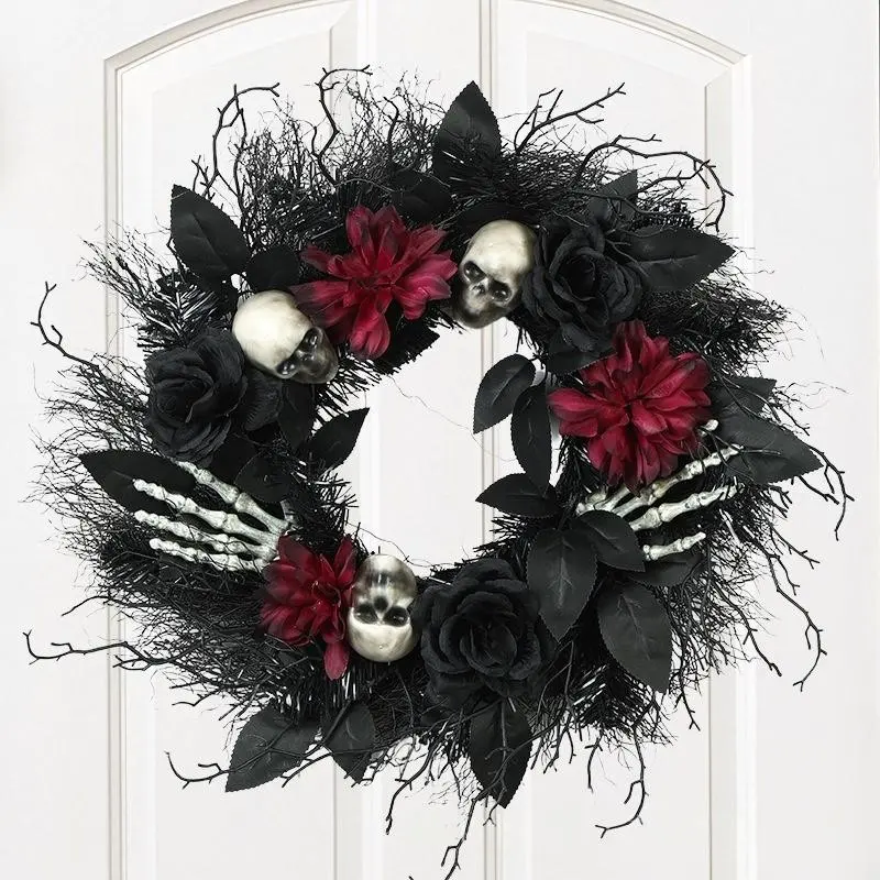 Halloween Wreath with Dry Branch Roses and Skulls, Realistic Vine Wreath, Halloween Atmosphere Decor, Home and Room Decoration, Easter, Halloween