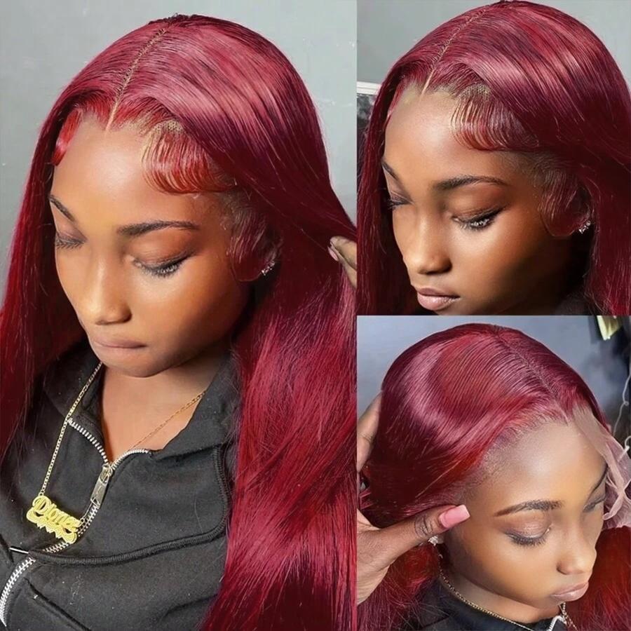 Burgundy Wig Human Hair 13x4 HD Transparent Lace Front Wig Straight 99J Red Wine Lace Frontal Wig Blended Hair Colored Reddish Brown Lace Frontal Wigs 200% Density Pre Plucked with Baby Hair