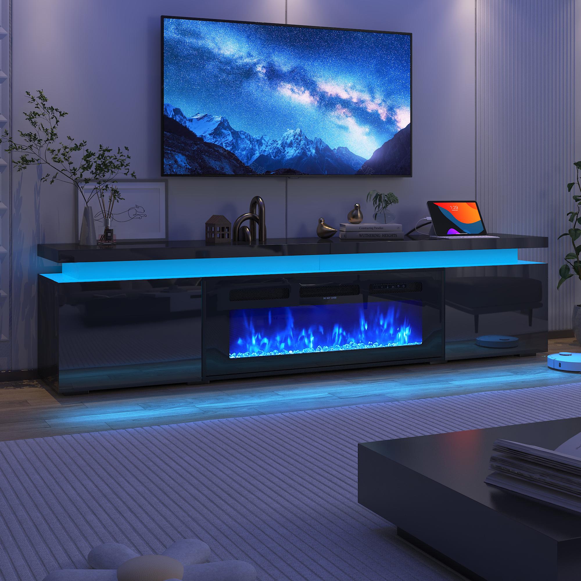 LED TV Stand for 70/75/80/85/90/95 inch TV/Fireplace TV Stand , TV Stand with 40" Electric Fireplace & Power Outlet, High Gloss Surface, 2 Storage Cabinet, Modern Style for Living Room (83 Inch/71 Inch, White/Black)