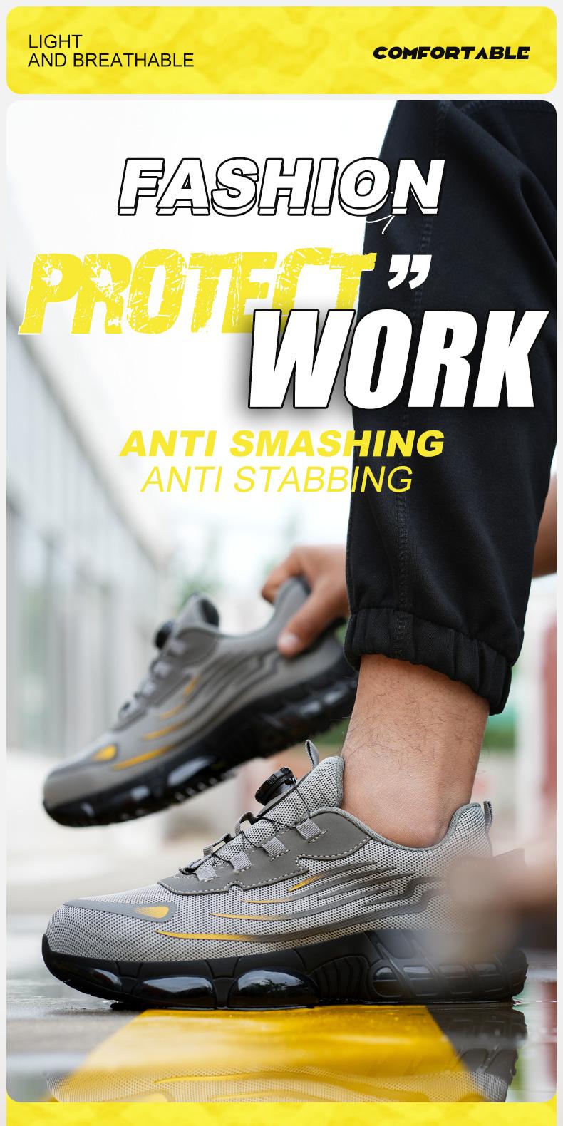 QINGRUIPAI Men's Breathable Mesh Work Sneakers Durable Anti-Slip Safety Shoes with Steel Toe Protection Comfort Fit for All Seasons Casual Striped Design Elastic Closure Non-Slip EVA Sole Outdoorfun Fathersdaygift