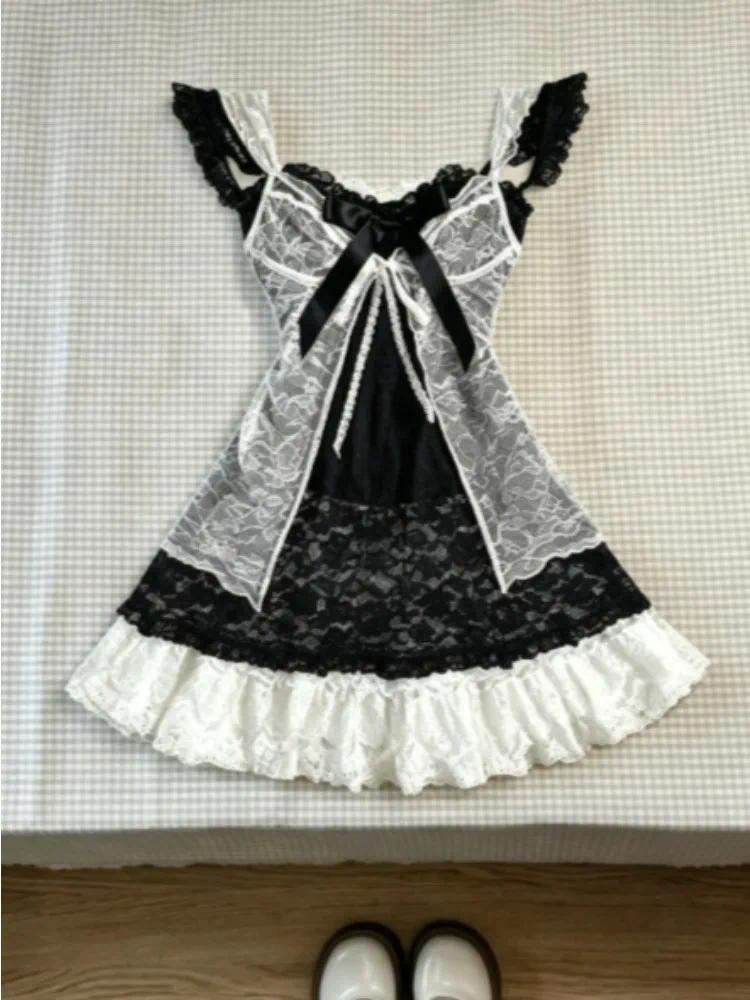 French Elegant Kawaii Aesthetic Lolita Dress Women Retro Japanese Style Ruffle Cake Bow Bandage Slim Y2K Outfit Trend Fashion