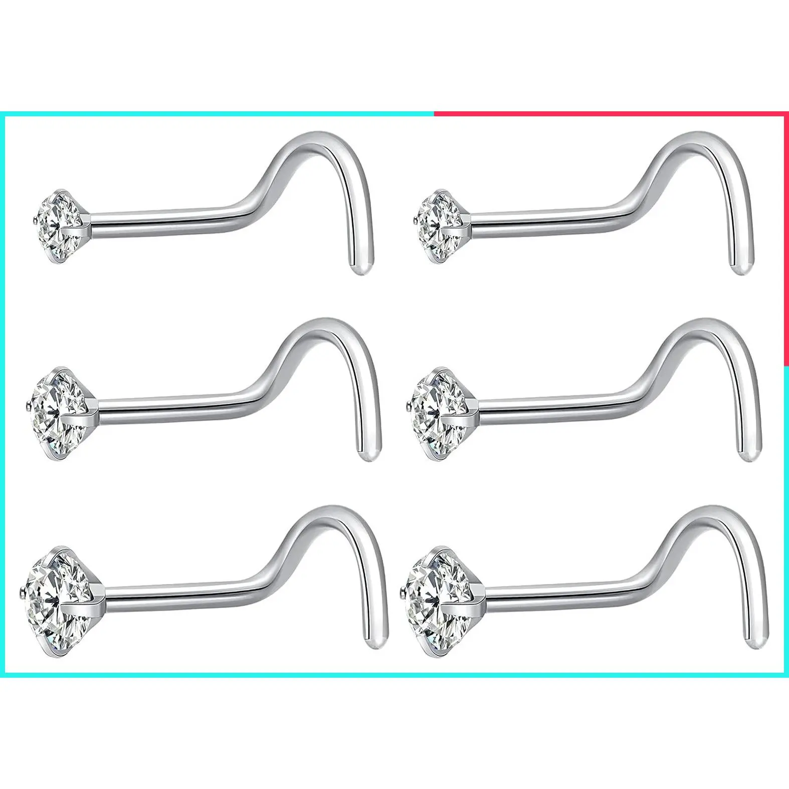 6Pcs 20G Nose Rings Studs Corkscrew Surgical Steel Nose Piercing Jewelry for Women Men 2mm 2.5mm 3mm CZ Gold Silver Black