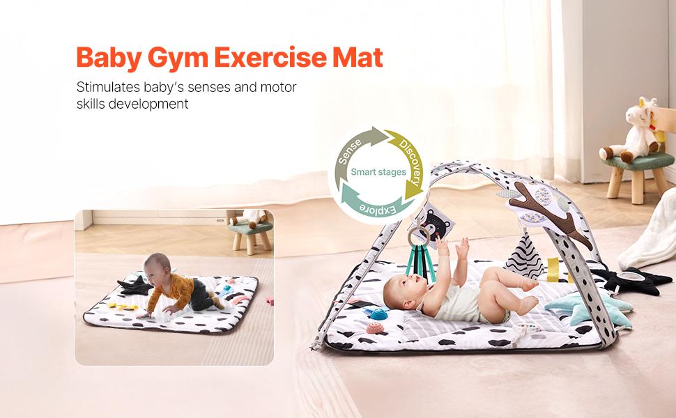 VEVOR Baby Play Gym Mat, Tummy Time Mat with 6 Sensory Toys, Baby Activity Mat with 2 Touch Balls Soft Fabric for Sensory Motor Skill Development, Baby Essential Gift for 0-18 Month Newborn Infant