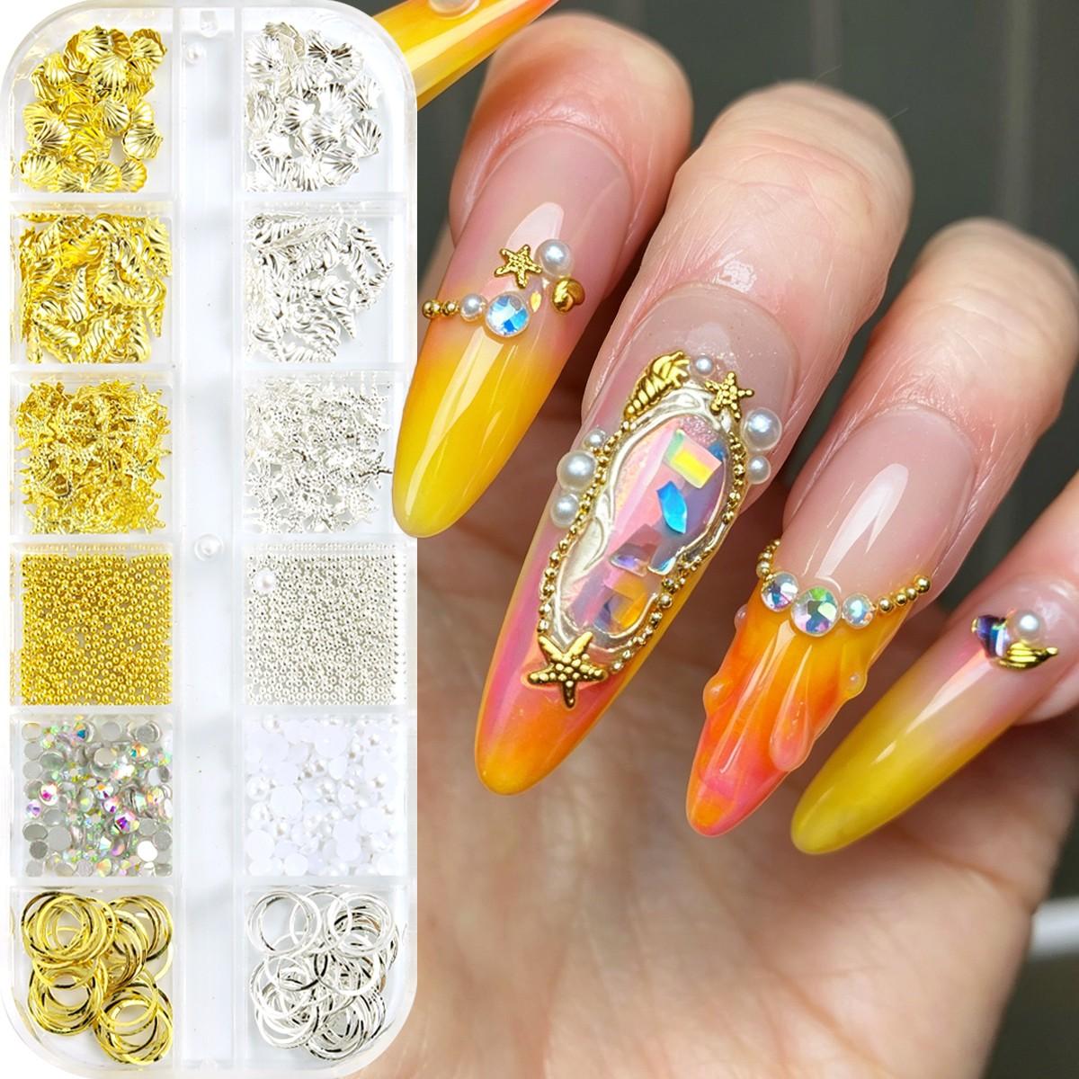 Summer Beach Style Nail Art Accessories, 3D Metal Rivets, Starfish, Shell, Seashell Shapes, Pearl, Caviar Beads, DIY Nail Decoration