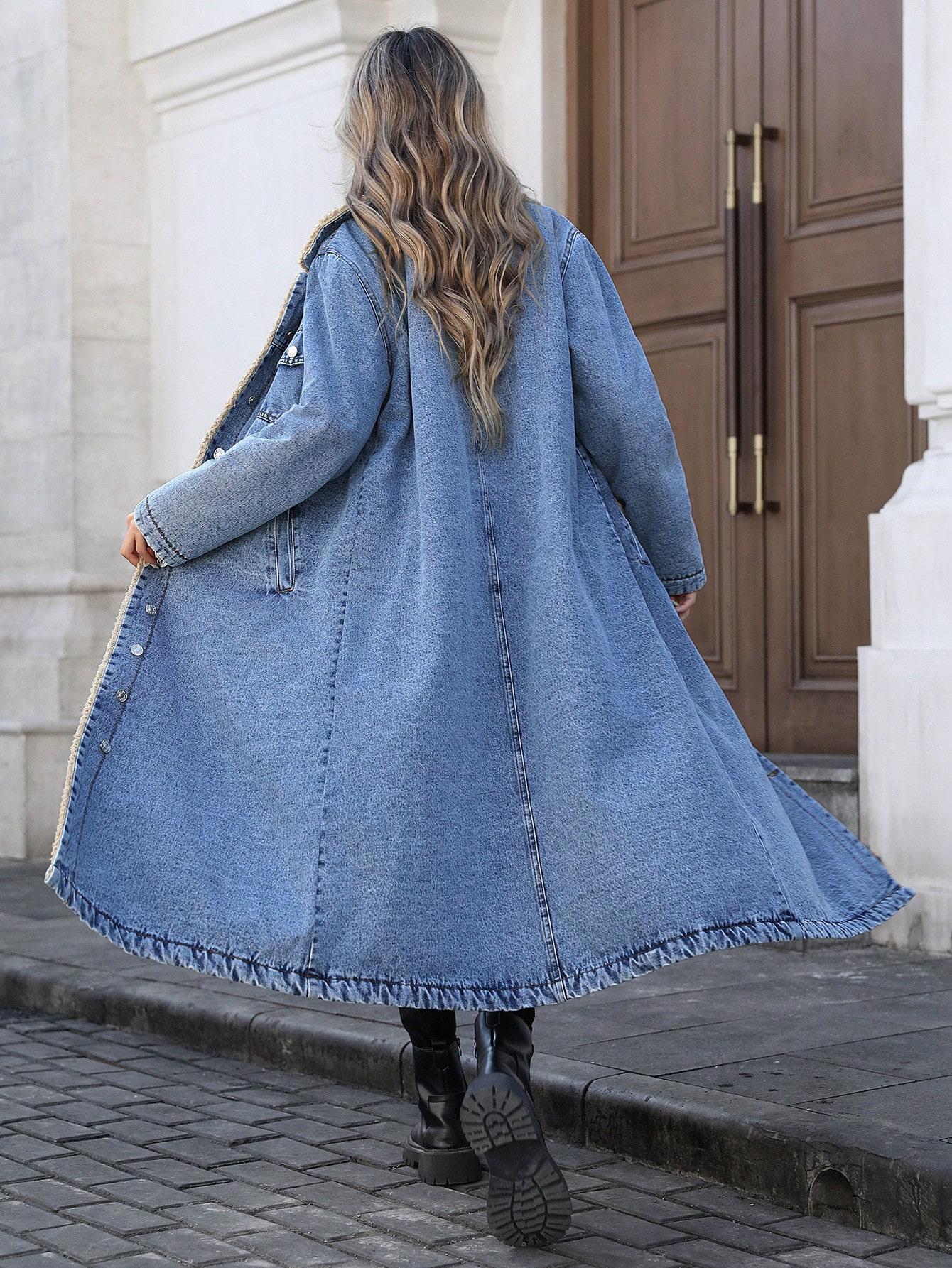 Women's Long Fleece-Lined Denim Jacket, Elegant Single-Breasted Design, Perfect For Winter