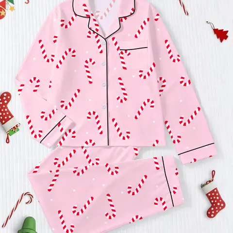 [Christmas]Women's Fall Winter Pajama Set, Christmas Candy Cane Print, Casual Fitted Sleepwear, Soft Elastic Fabric, Outdoor Comfortable Loungewear, Pjs