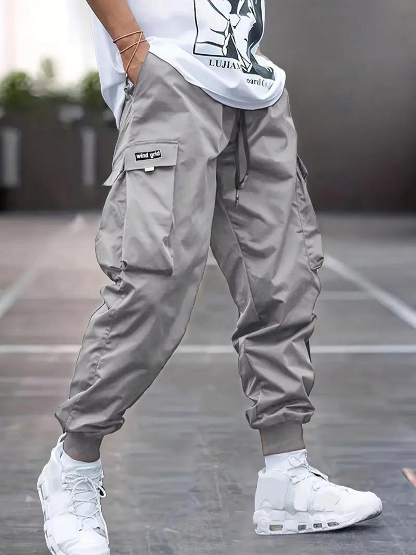 Men's Versatile Work Pants, Plain Color, Durable Utility Pants, Practical Large Pockets, Fashion Drawstring, Comfortable Fit, Stylish, All Seasons