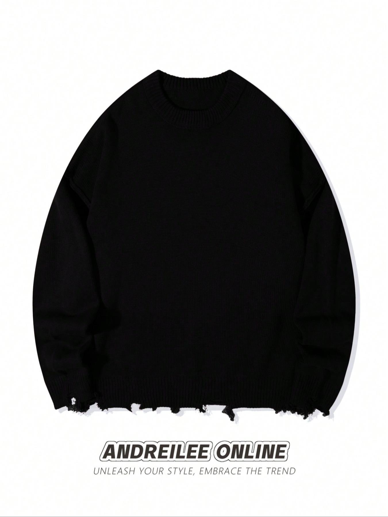 Fall & Winter Unisex Street Fashion Casual Long Sleeve Ripped Knit Sweater Pullover, Loose Fit Comfortable Cleanfit Round Neck Top, Knitwear Fall & Winter Unisex Street Fashion Casual Long Sleeve Ripped Knit Sweater Pullover, Loose Fit Comfortable Cleanfit Round Neck Top, Knitwear