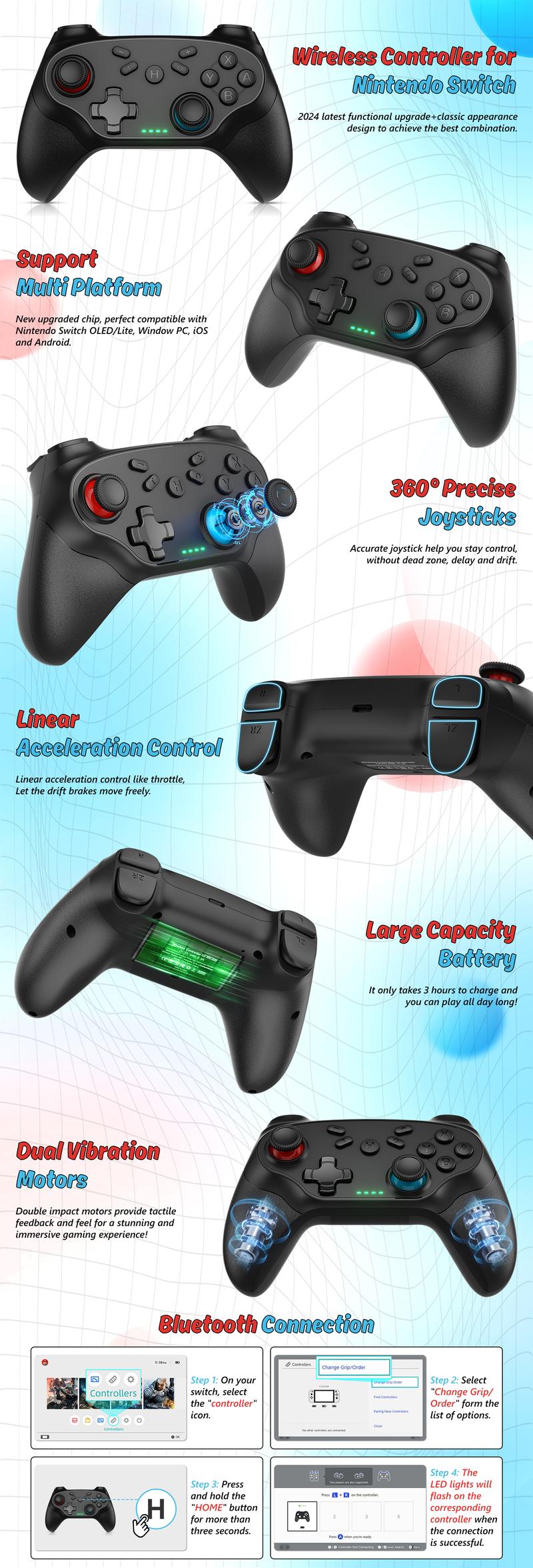 Wireless Switch Pro Controller for Nintendo Switch - Switch Controller Support Turbo Function Compatible with Nintendo Switch/Switch Lite/Switch OLED/Windows PC (Black)