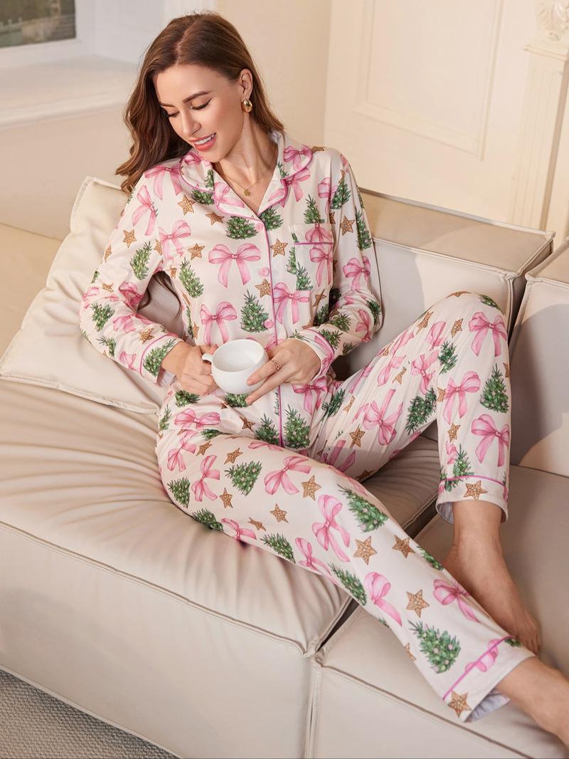 3-Piece Women's Autumn Winter Pajama Set, Long Sleeve Button-Up with Christmas Tree Print, Includes Long Pants & Shorts, Comfortable for All Seasons