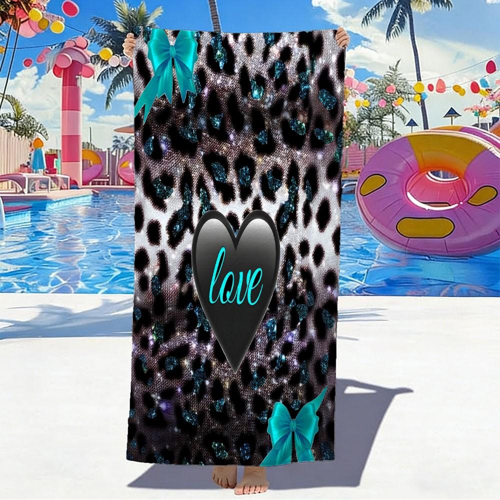Y2K Coquette Leopard Love Beach Towel | High‑Definition Digital Print of Glitter Leopard, Teal Bows & Black Heart | Quick‑Dry Towel Towel for Pool, Beach, and Travel