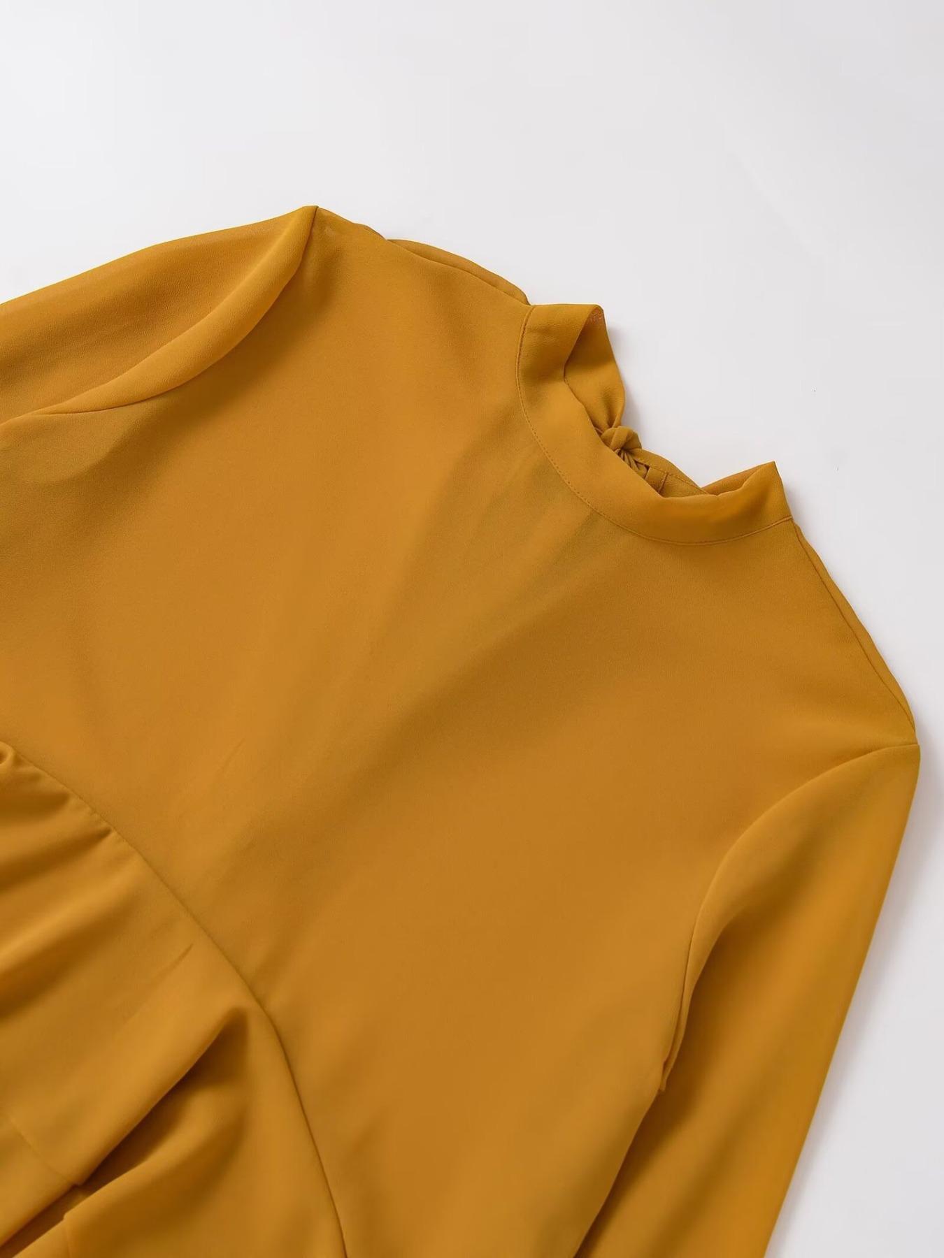 Women's Simple Round Neck Long Sleeve Shirt, Layered Decoration, Adjustable Bow Back, Asymmetric Hem, Wrinkled Pure Color Top, Blouse