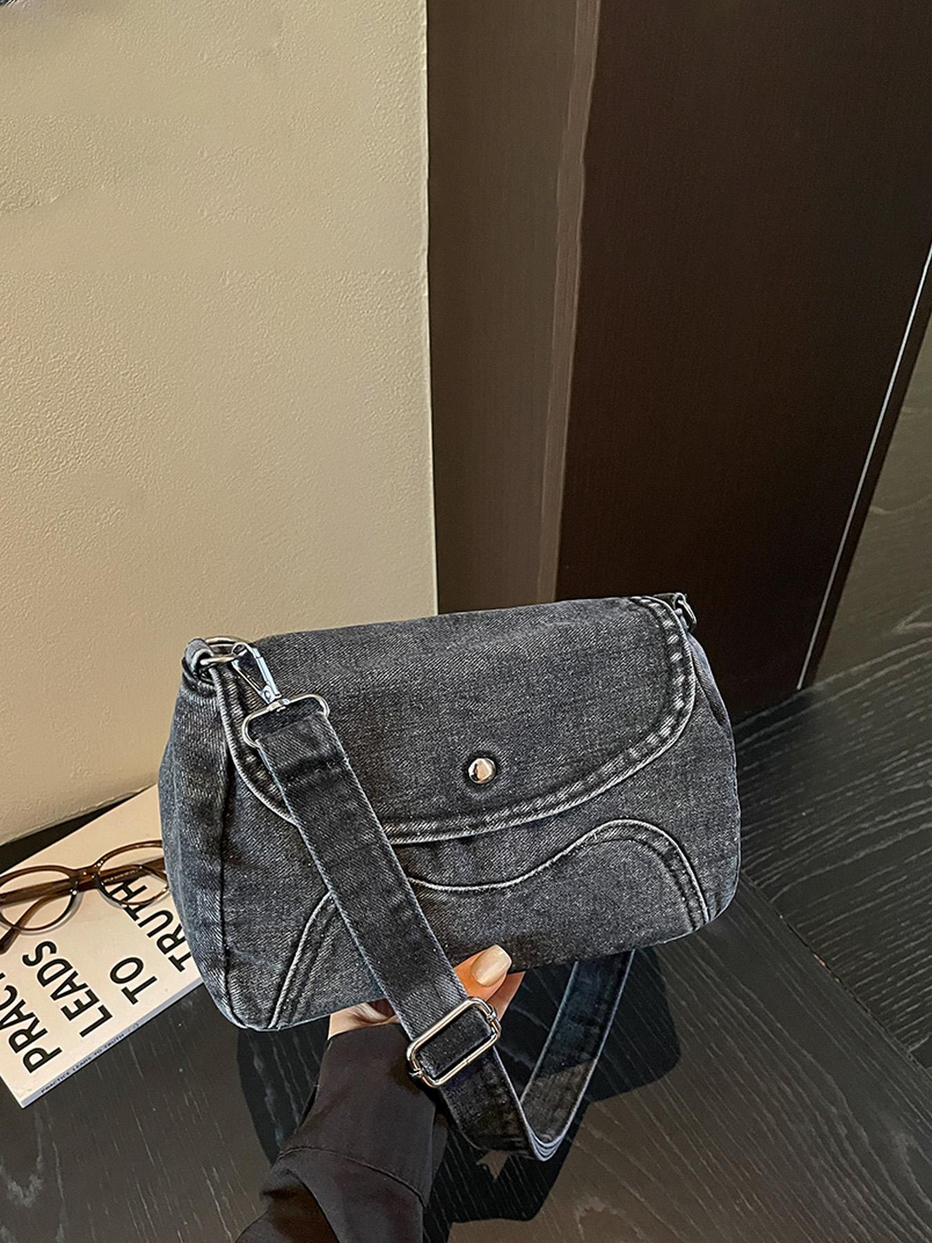 1pc Solid Black Washed Denim Saddle Crossbody Bag, Snap Button Flap Cover Adjustable Wide Shoulder Strap Retro Casual Shoulder Bag For OOTD Shooting, City Shopping, Cafe Hangouts, Weekend Trips, For Y2K Street‑style Fashion Women