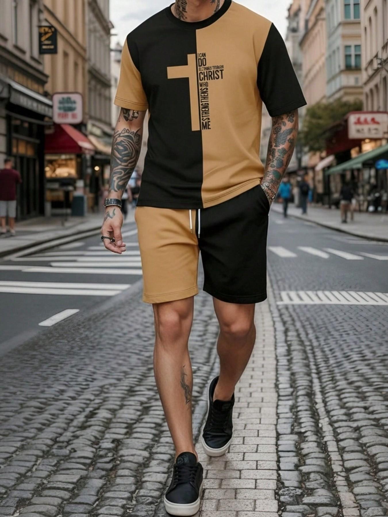 Men's Summer Letter & Cross Patchwork Print Short Sleeve T-Shirt and Shorts Set, Casual Fitted Above the Knee Suit, 2 Piece