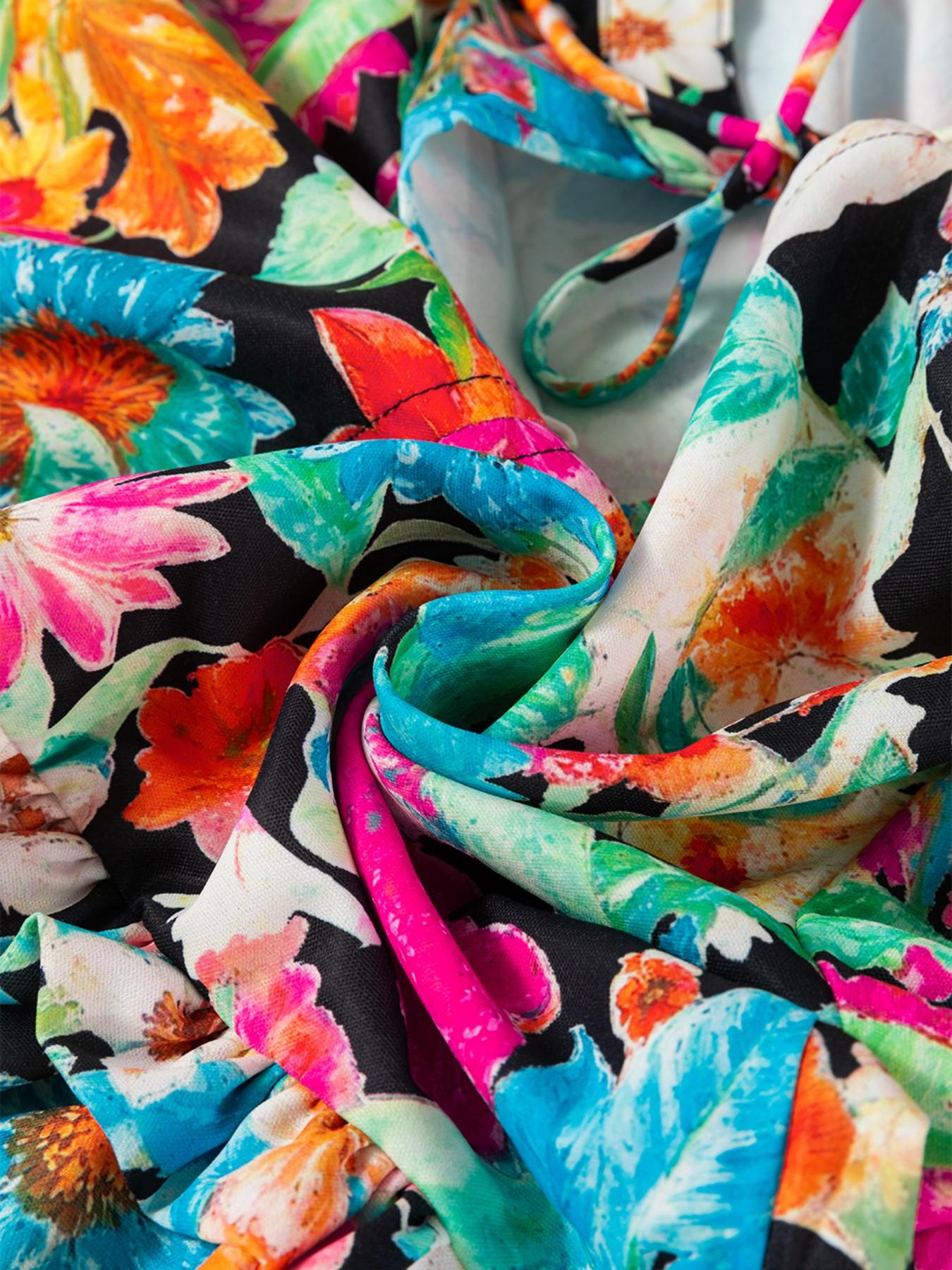 Elegant Spring & Fall Long Sleeve Floral Print Bubble Hem V-Neck Shirt, Loose-Fitting Multicolor Boho Blouse for Women