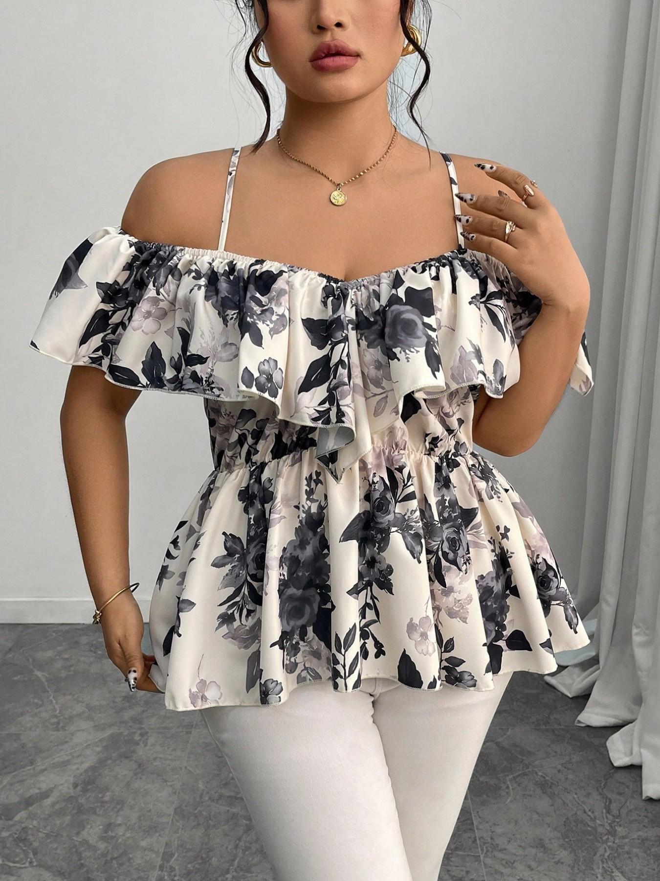 Elegant Chic Casual Bohemian Ruffle Halter Top, A-Line Hem Blouse for Spring & Summer, Plus Size Fashion Shirt for Women, Fit