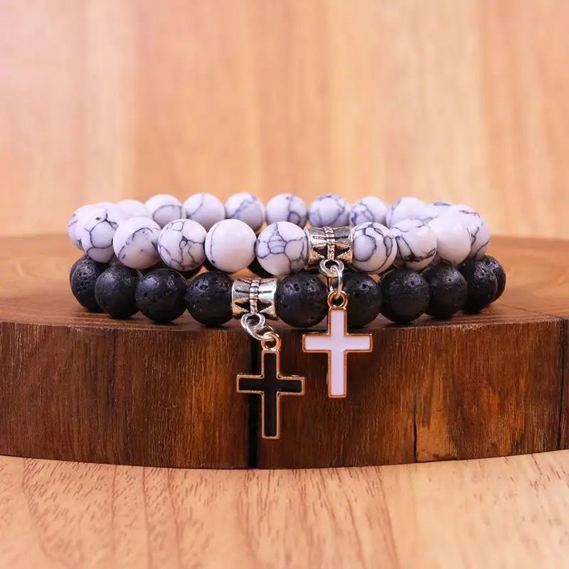 Agate Volcanic Stone Cross Pendant Bracelet, High-End Couple Bracelet, Perfect Gift for Christmas & Thanksgiving, Religious Jewelry Gift Agate Volcanic Stone Cross Pendant Bracelet, High-End Couple Bracelet, Perfect Gift for Christmas & Thanksgiving, Religious Jewelry Gift