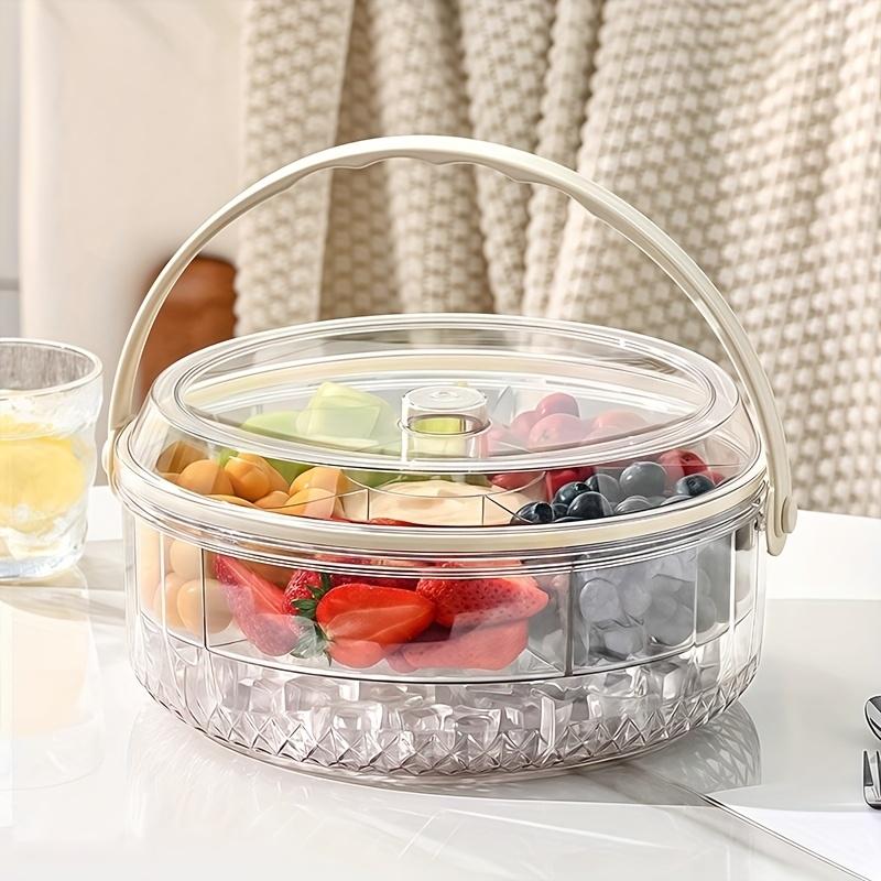 Multi Compartment Divided Serving Tray with Lid & Dip Cup, Rotating Fruit Platter for Party Picnic, Portable Fridge Organizer & Food Storage Container