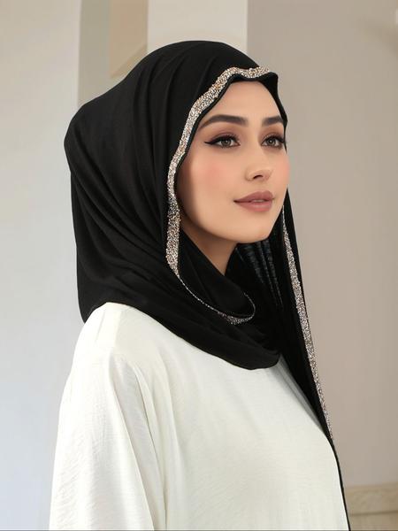 Women's Fashion Plain Hijab Scarf with Rhinestones, Soft Muslim Headscarf, Multifunctional Sun Protection Shawl, All Season Wear, Turban Hijab