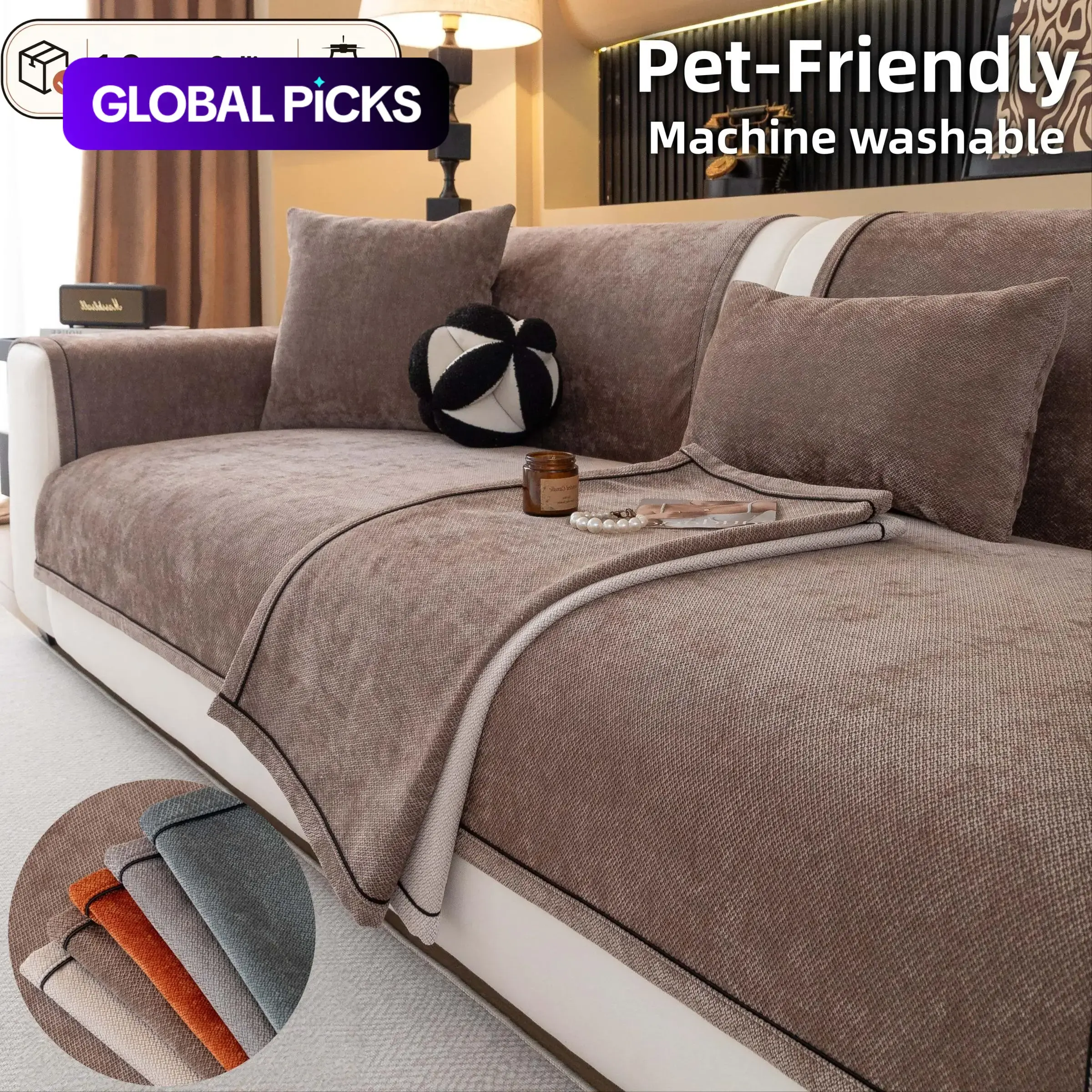 Solid Color Chenille Pet-Friendly Non-Slip Sofa Covers, Machine Washable Soft All-Season Furniture Protector for Dogs & Cats, Fits Armchair, Loveseat, 2/3/4-Seater & L-Shaped Sectional, L Shaped Couch Cover, Slipcover for Sofa #GLOBAL PICKS