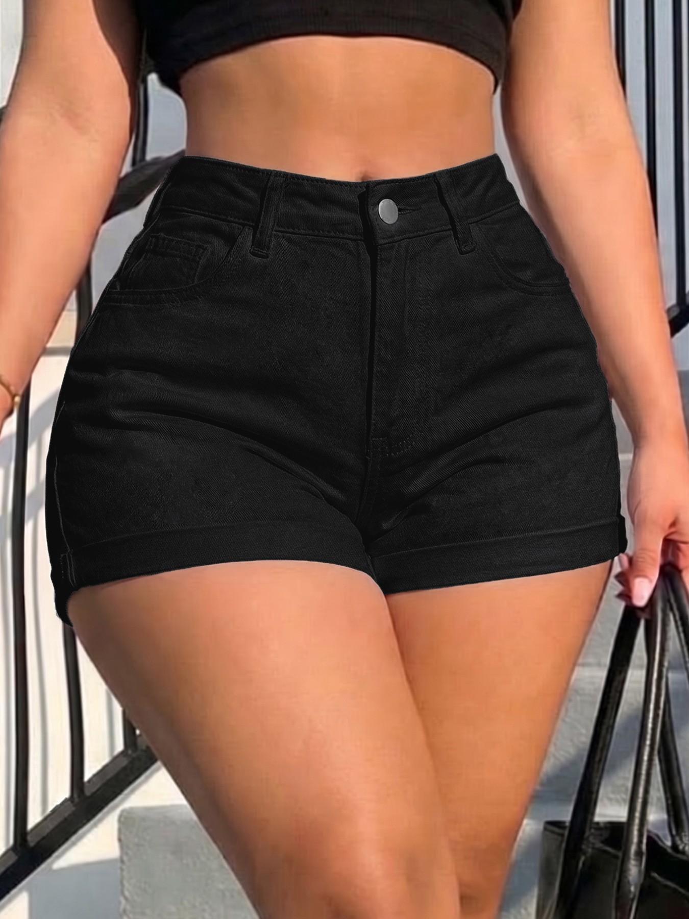 Women's High Waisted Stretchy Button Denim Shorts, Chic Casual Shorts, Cuffed Rolled Hem, Butt Lifting, Casual Bottoms, Festival, Street Style, Brunch, Night Out