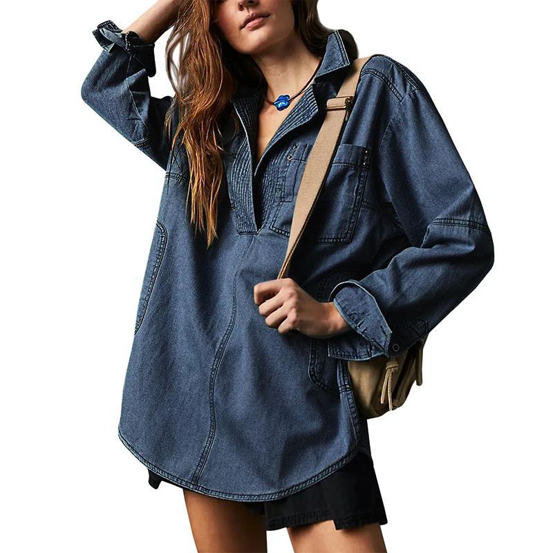 MIDIROSS Women's V-Neck Denim Pullover Shirt MIDIROSS Women's V-Neck Denim Pullover Shirt