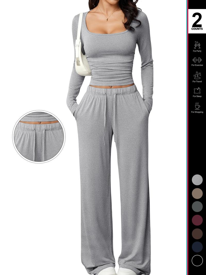 Women's 2 Piece Matching Lounge Set, Square Neck Long Sleeve Crop Top, High Waisted Wide Leg Drawstring Pants, Casual Sweatsuit