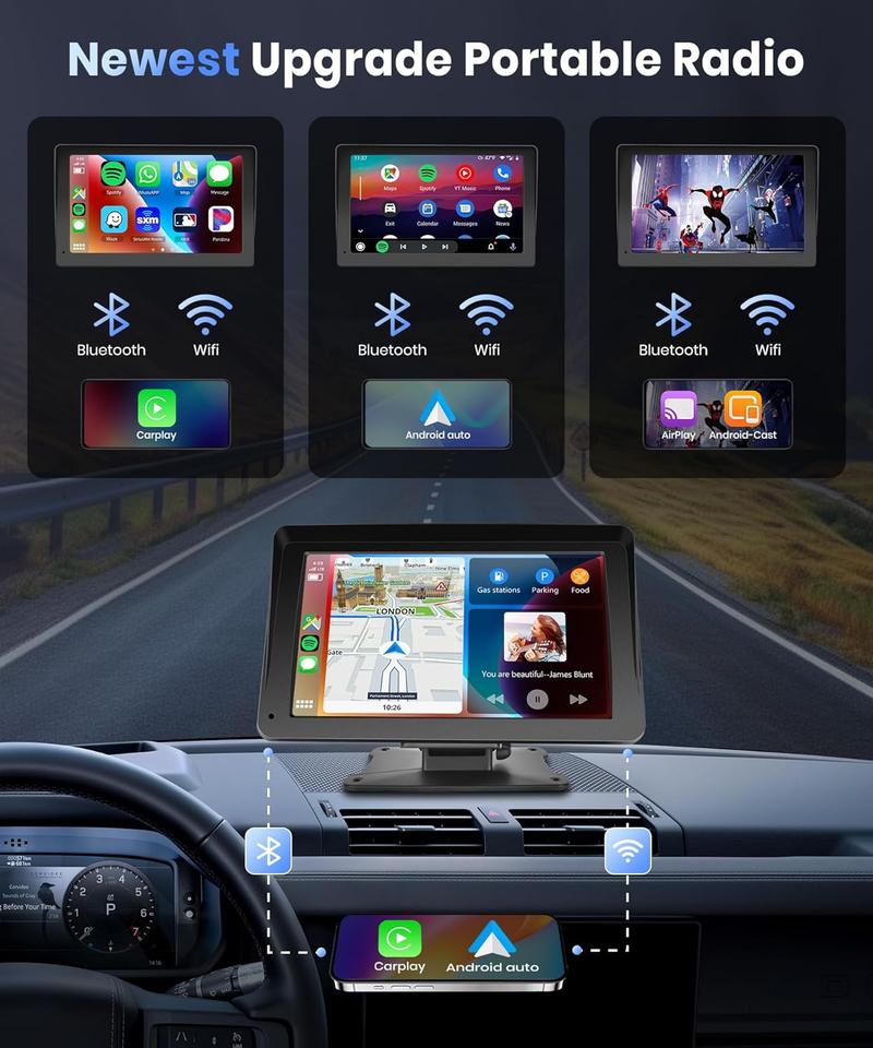 Portable Wireless Apple Carplay & Android Auto Car Stereo with Voice Control,7 Inch Touch Screen Double Din Stereo with Bluetooth, Multimedia Player, Car Audio with Mirror Link/AUX/FM