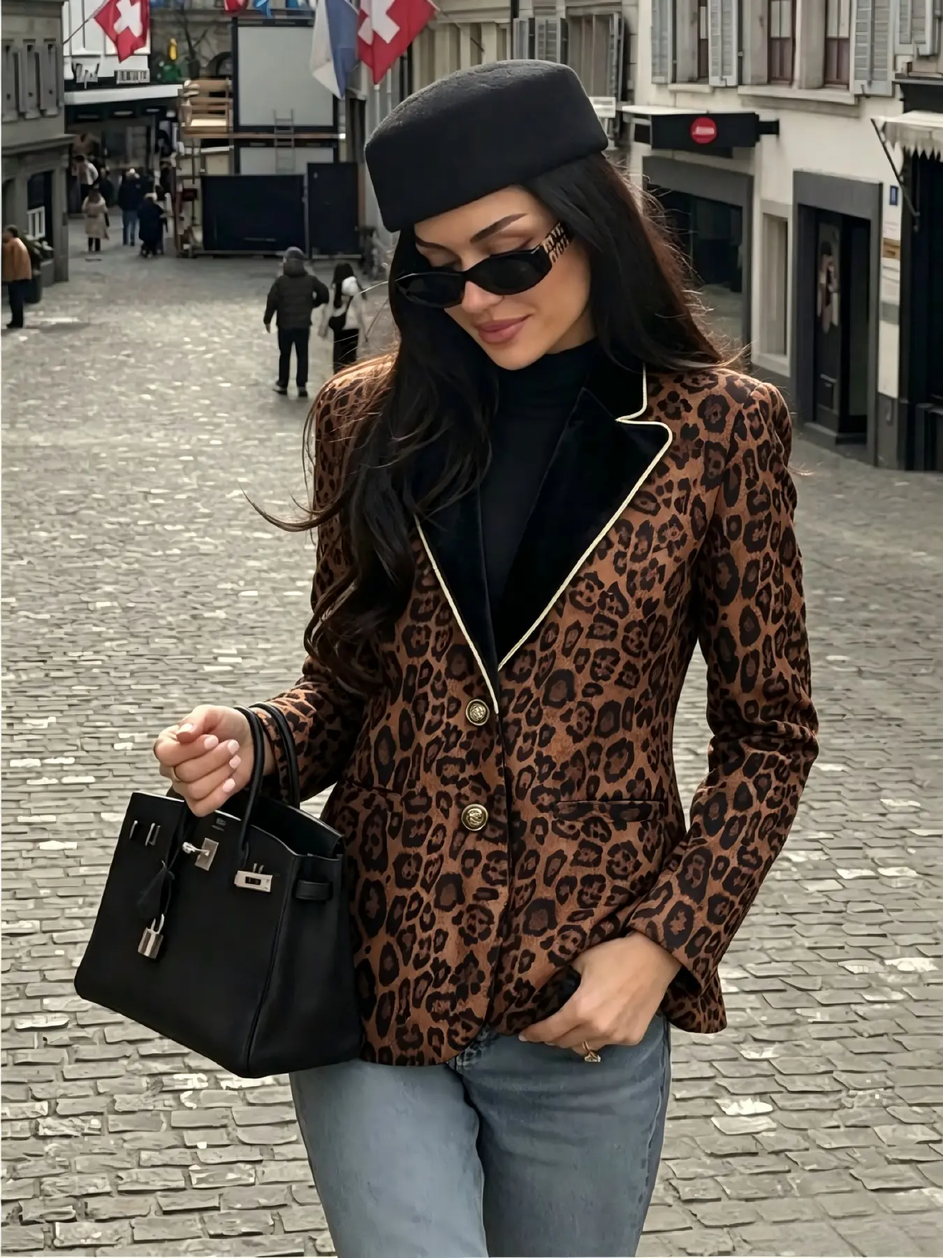 American Vintage Leopard Print Slim Fit Blazer for Women, Velvet Trim Colorblock Lapel Metal Button Waistcoat, Office Chic Lightweight Suit Top
