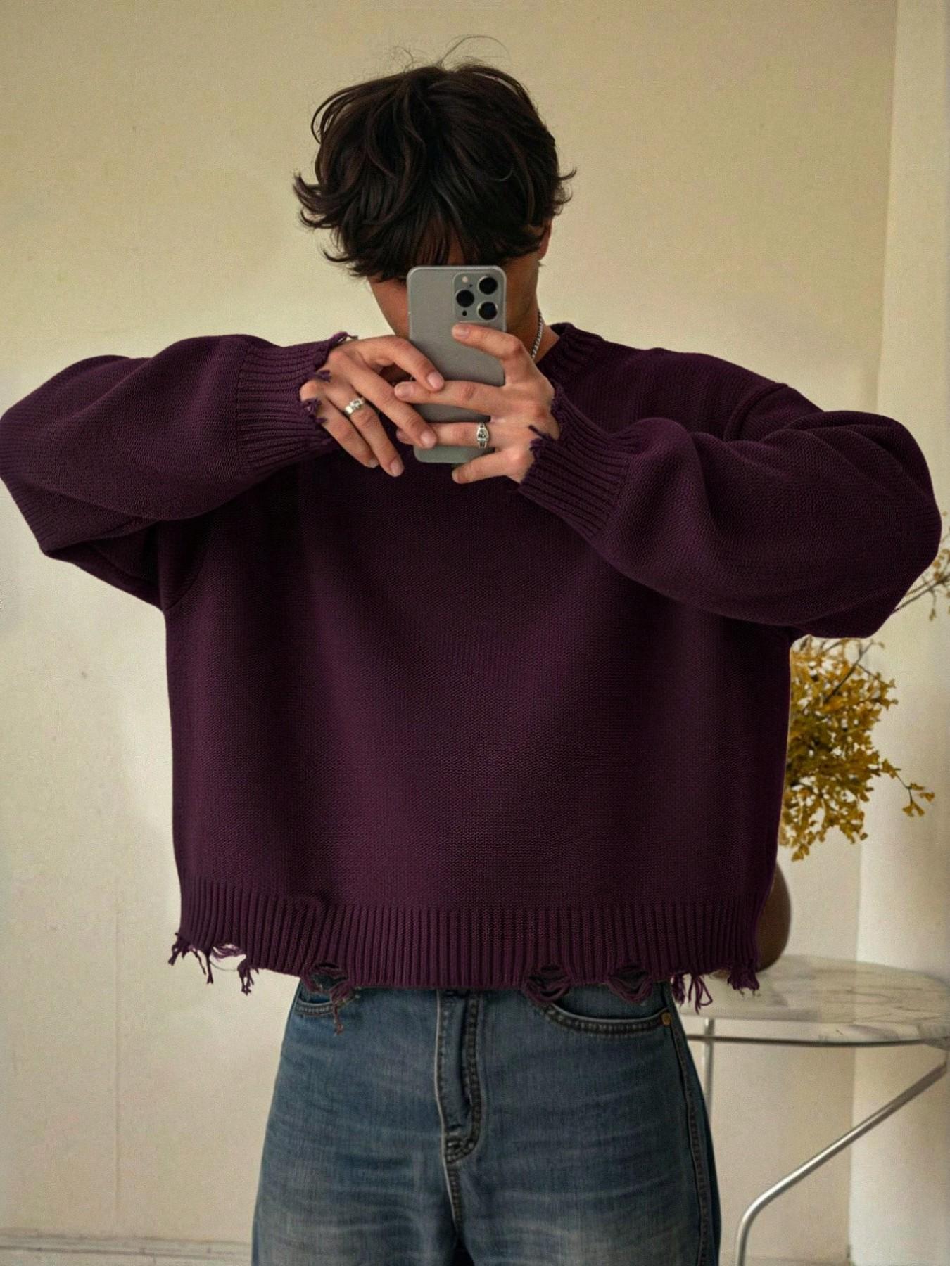 Fall & Winter Unisex Street Fashion Casual Long Sleeve Ripped Knit Sweater Pullover, Loose Fit Comfortable Cleanfit Round Neck Top, Knitwear