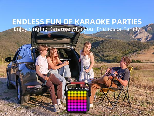 Karaoke Machine for Adults & Kids with Full-Screen LED Lights, Portable BT Speaker with 2 Microphones, Bass/Treble Adjustment, Supports TWS/FM/AUX/USB/TF Card for Home Party