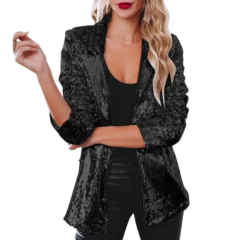 European and American Style Casual Sequin Blouse Long Sleeve Turn-Down Collar Elegant Small Blazer Jacket