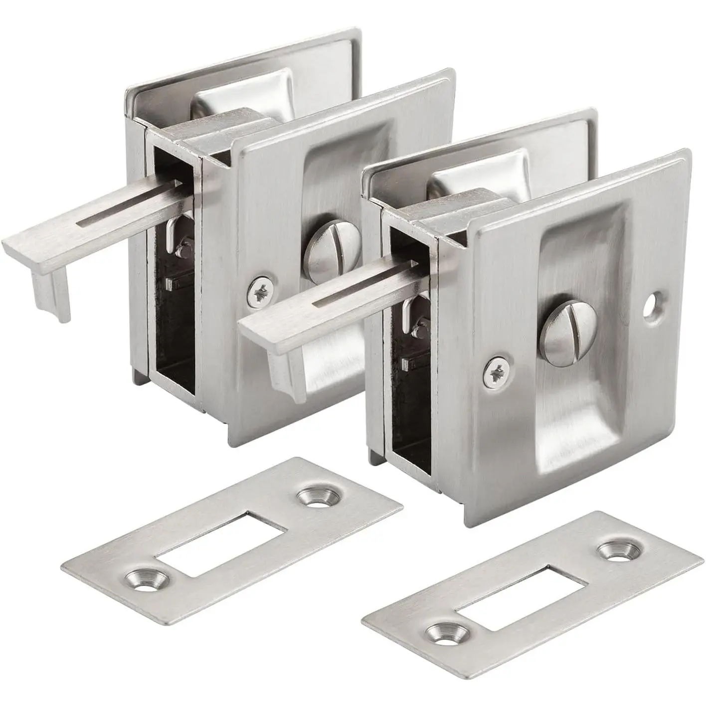 Privacy Pocket Door Lock Hardware with Pull Replace Old Sliding Door Locks/Solid Brass Pocket Door Privacy Lock 2-3/4”x2-1/2”, for 1-3/8” Thickness Door, Brushed Nickel-2 Pack