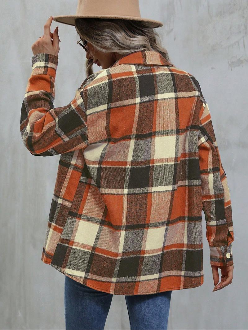 Women's Plaid Print Button Drop Shoulder Shirt, Casual Long Sleeve Collared Coat for Daily Wear, Ladies Clothes for All Seasons
