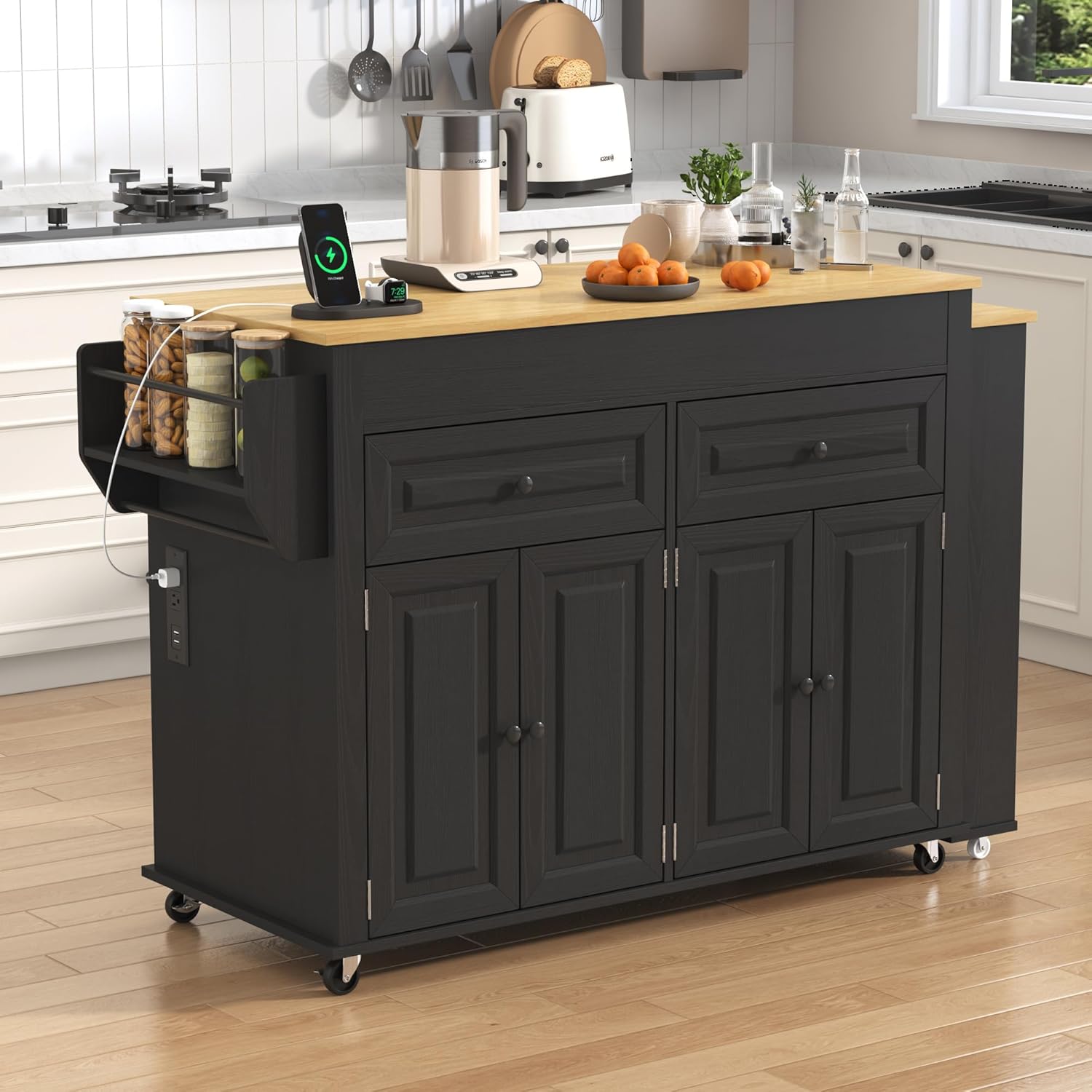 80"-48" Extendable Kitchen Island with Extended Dining Table and Power Outlet,Large Mobile Kitchen Storage Islands with 2 Storage Drawers,Rolling Islands Cart with 3 Extra Rows Open Shelves(White/Black/Brown/Blue)