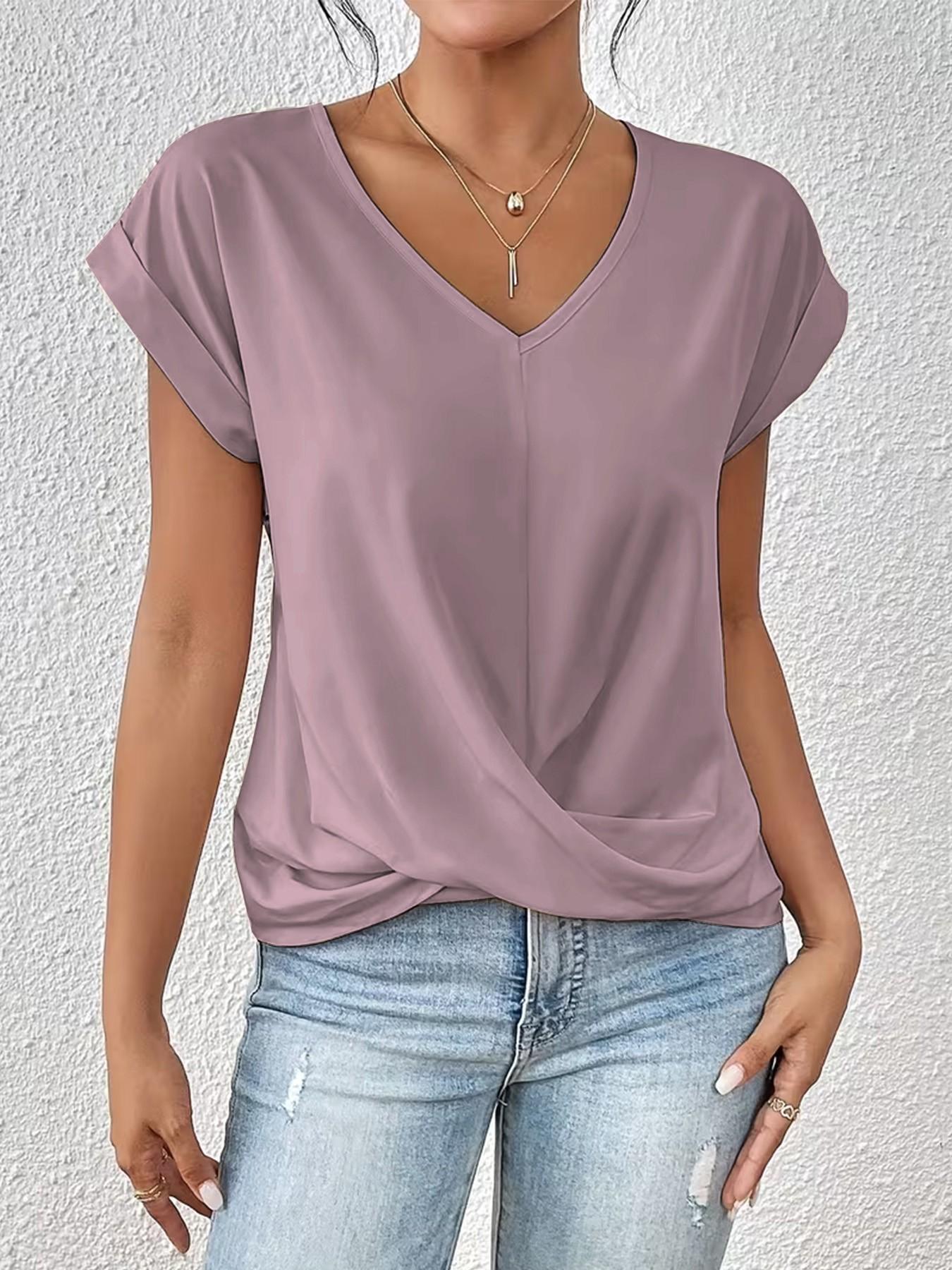 2026 Women's V Neck Twist Front Blouse, Sexy Ruched Waist, Short Sleeve, Casual Top, Tummy Control, Leg-Lengthening, Office Shirt