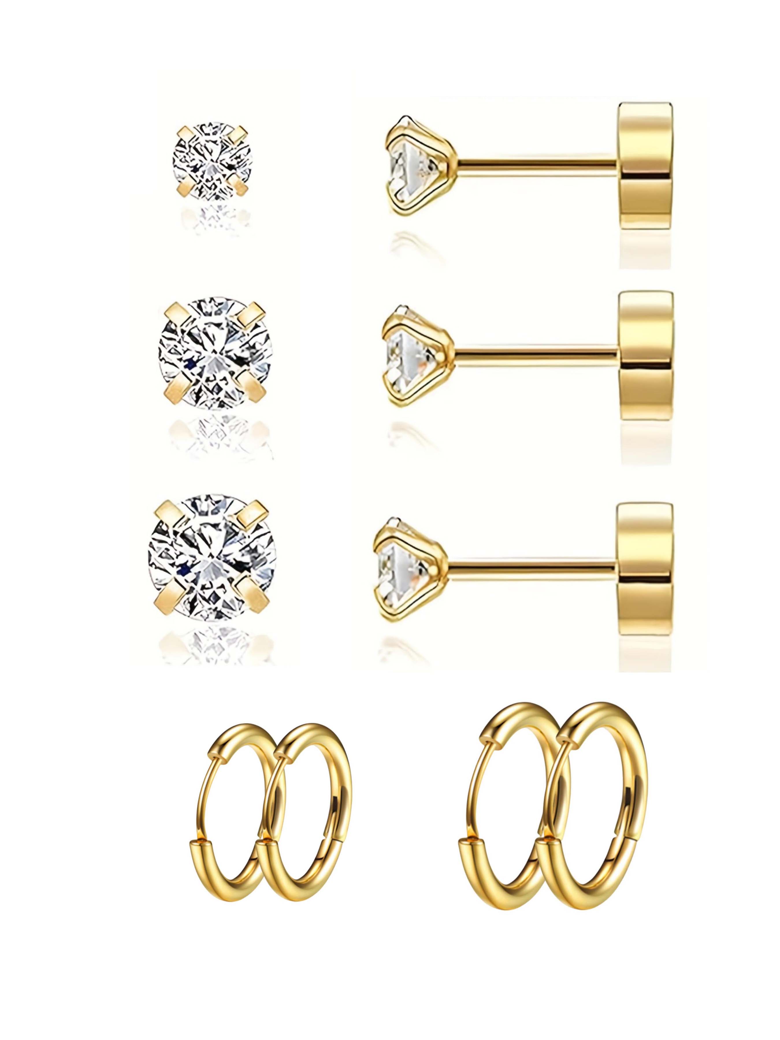 5 pairs Women's Earring Set  CZ Cubic Zirconia Stones Flat Back Design Suitable for Sensitive Ear Piercings Ear Ring Circles with Sizes 3–4–5 Millimeters Jewelry Accessories