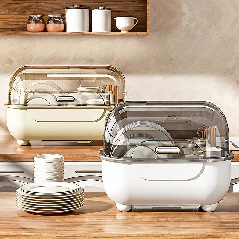 1 Piece Covered Drawer-Style Dish Rack with Water Draining Base. Multifunctional Dustproof Tableware Storage Cabinet, no standing water. Works on countertops and inside cabinets, perfect for kitchen bowl and plate storage.