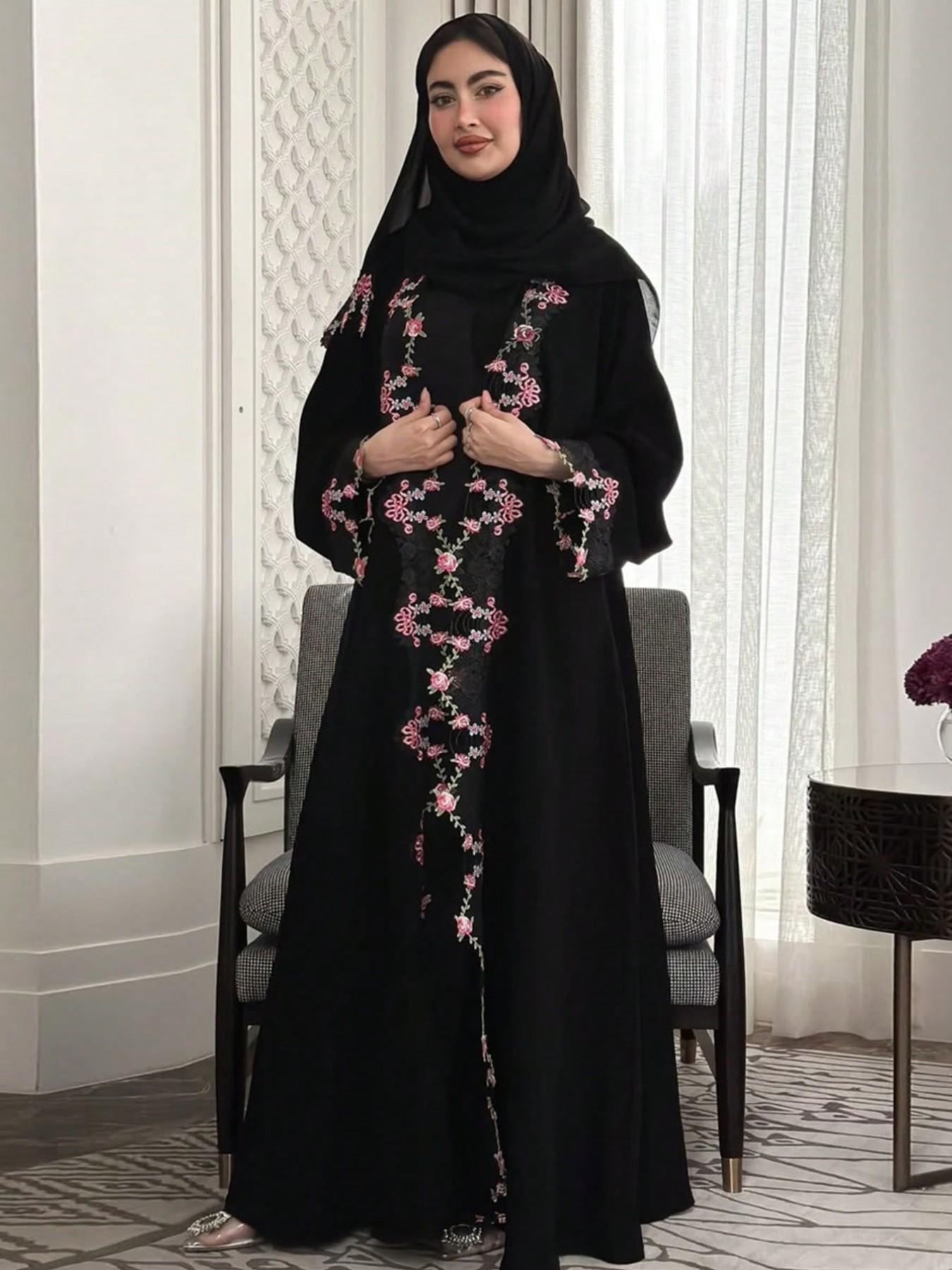Hafizah Women's Floral Embroidered Long Cardigan, Lace Trimmed Sleeves, Loose Fit Outerwear, All Seasons, Casual Party Wear, Floral Embroidery Cardigan