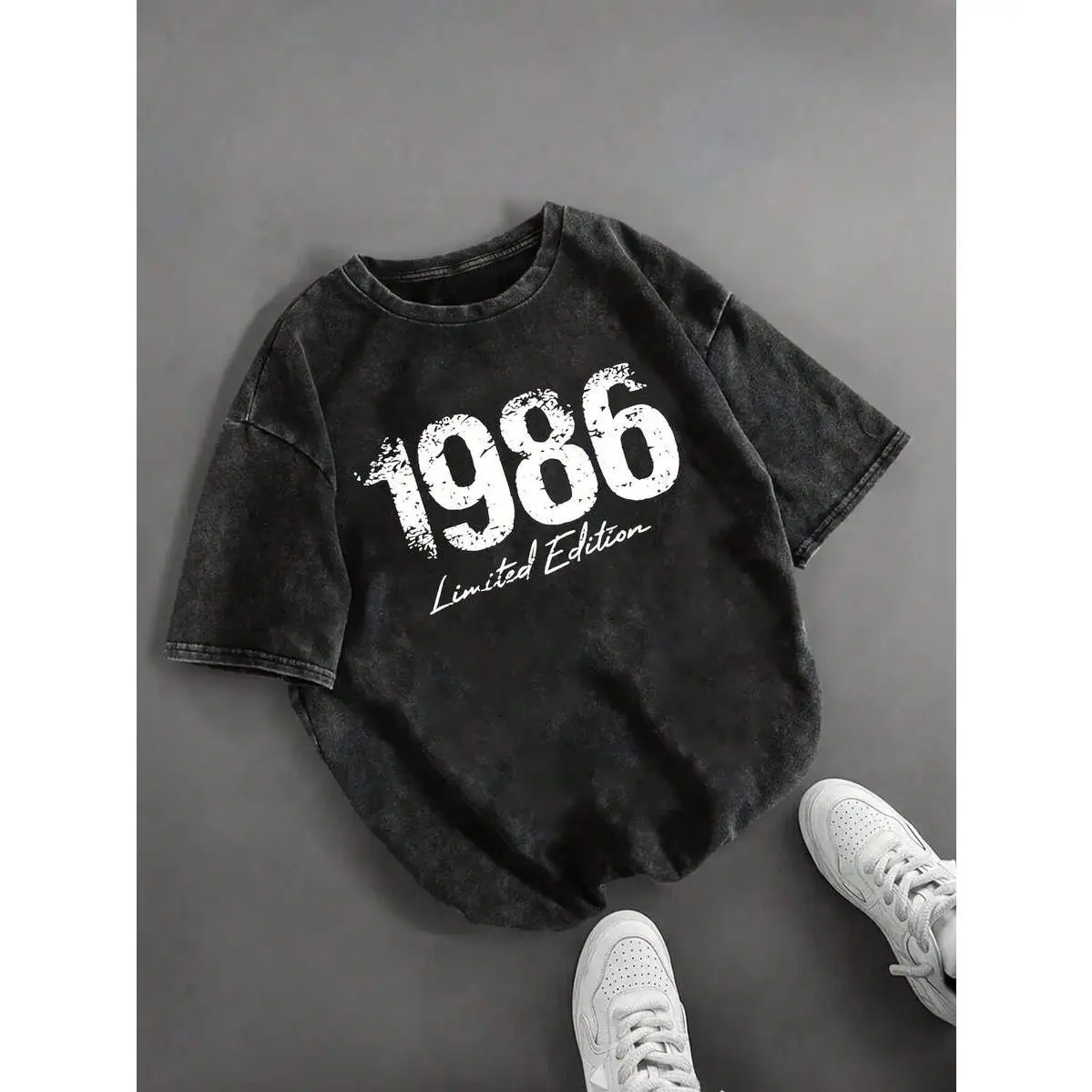 1986 Pattern Printed Round Neck Short-Sleeve Vintage Casual Everyday Washed T-Shirt; Vintage Style, Letter Pattern, Regular Length, Summer Outfits
