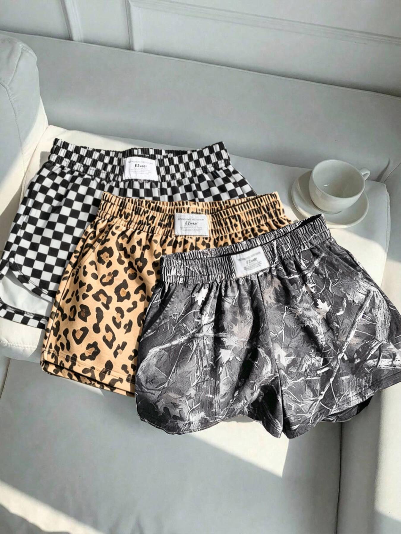 Women's Summer Leopard and Plaid Print Athleisure Casual Shorts, Comfortable Loose-Fit Athletic Bottoms for Yoga and Daily Activities