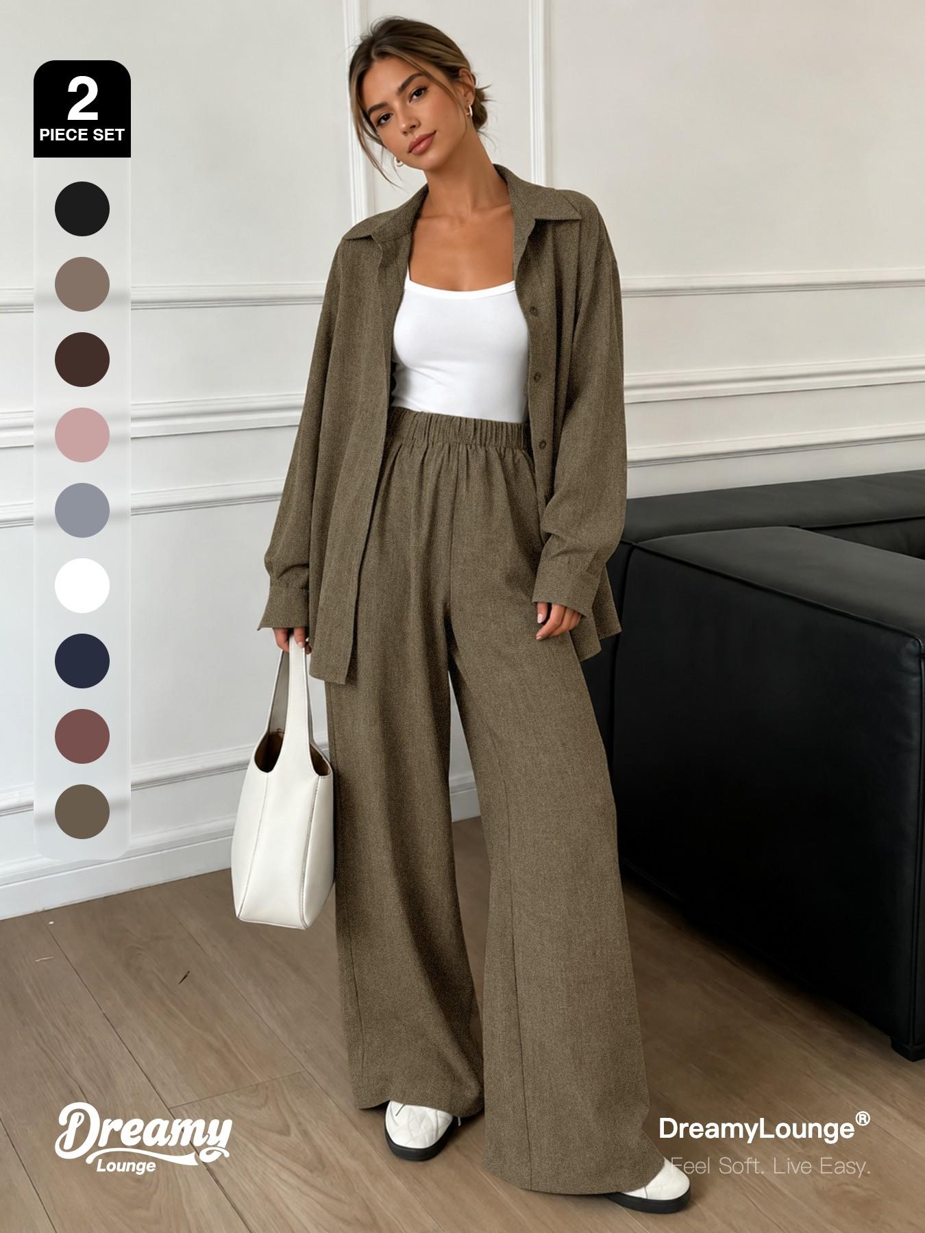 2-Piece Set DreamyLounge Women's Textured Linen-Look Loungewear Set, Oversized Button Down Shirt and Wide Leg Pants Matching Set for Travel, Coffee Run and Everyday Wear