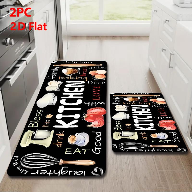 2/3 Piece Flannel Kitchen Mat Set, Decorative Rug, Kitchen Rugs Sets, Fun Kitchen Baking Tools & Food Patchwork Design, Unique Pattern, Anti-Slip, Absorbent, Home Decor
