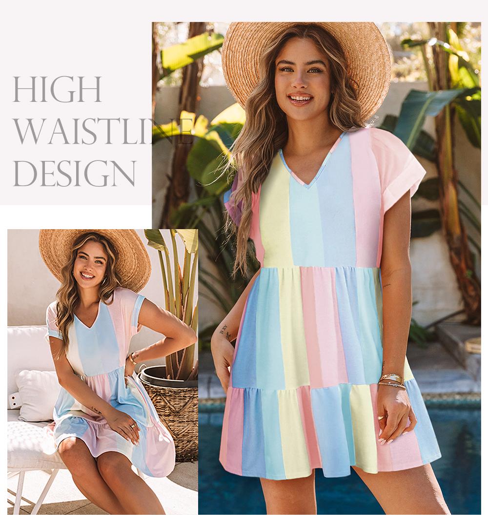Asvivid Women's Multicolor Striped Rainbow Colorblock Dresses V Neck Short Sleeve Tiered Smock Babydoll Casual Summer Vneck Dress