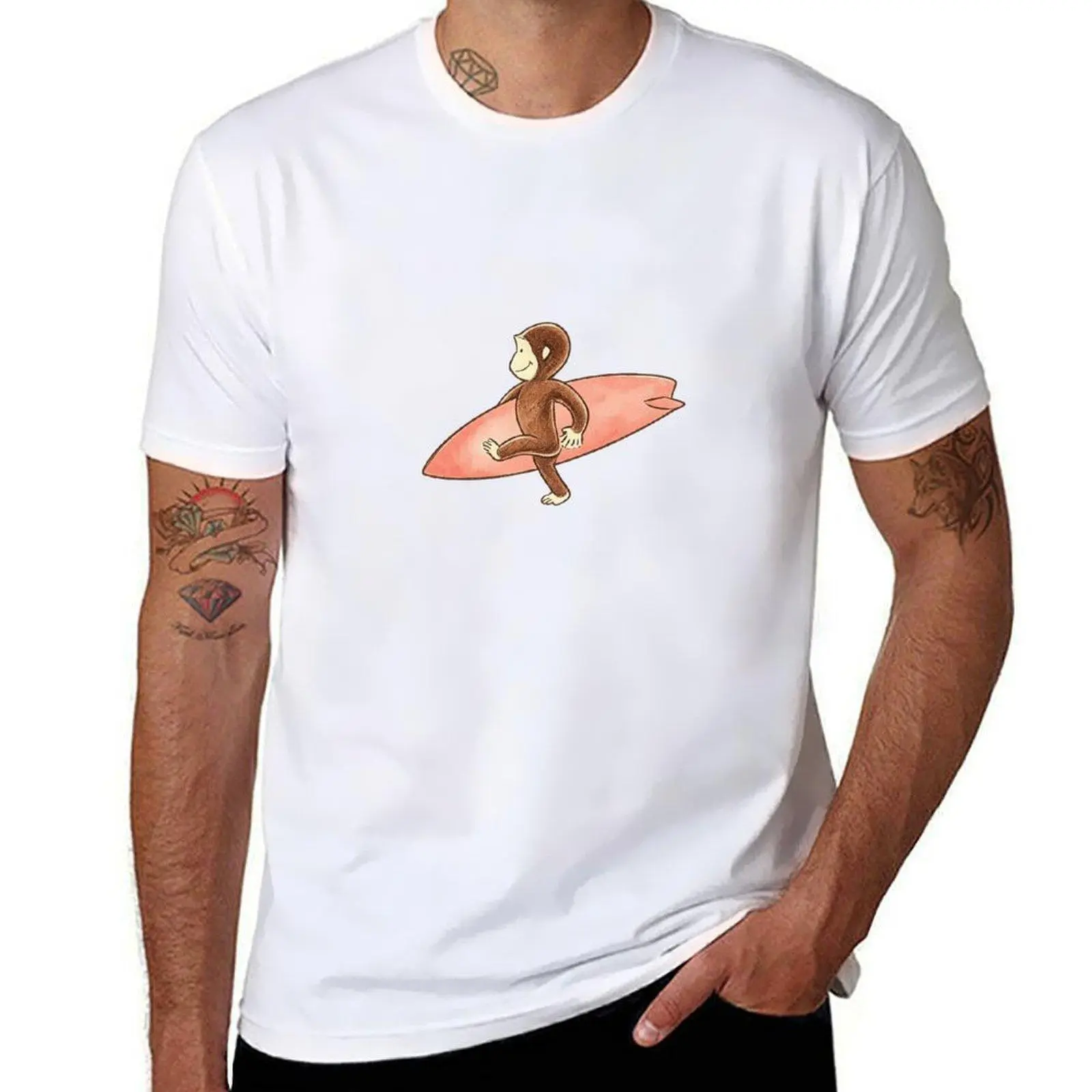 Men's Cotton Curious George Surfing Graphic T-Shirt - Black Shortleeve Classic Fabric Fashion Unisex Casual Streetwear Top, Cute Cartoon Monkey Tee, Menswear Gift
