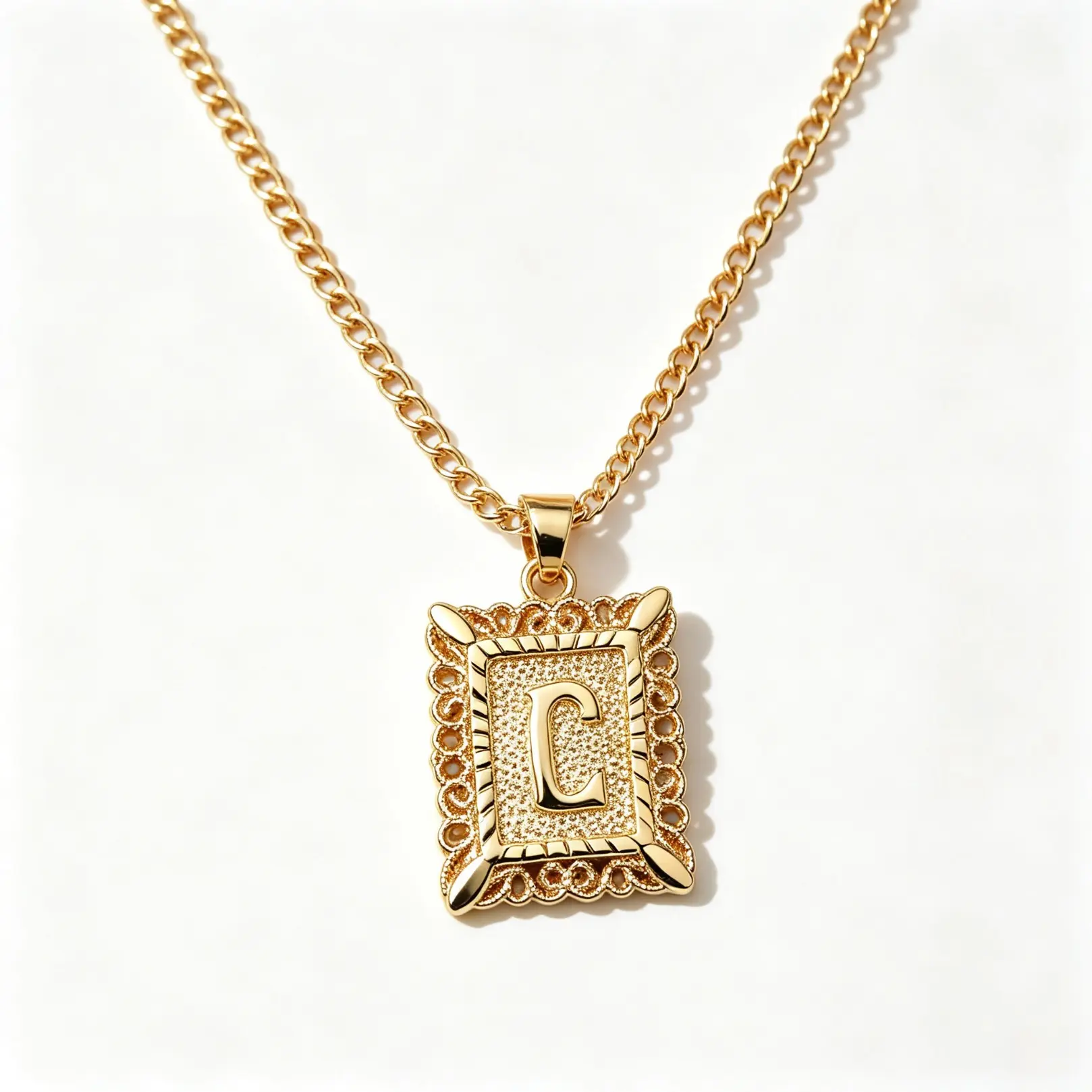 Unisex Square Lace Alphabet Detail Pendant Necklace - Hypoallergenic Chunky Figaro Chain Custom Initial Statement Jewelry for Men, Ideal for Daily Wear, Gifting