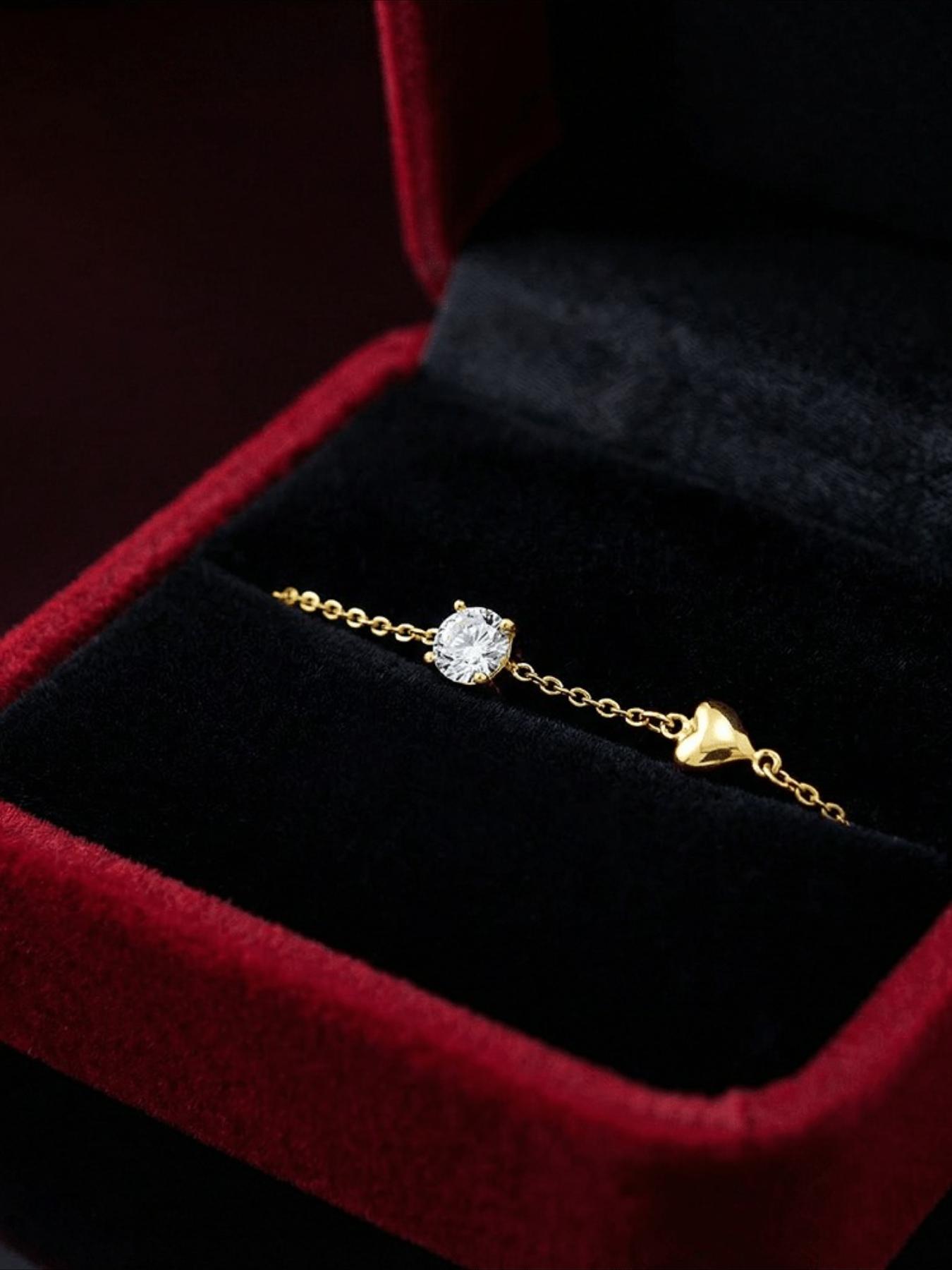 1pc 0.3Carat Golden Single Synthetic Moissanite Heart-shaped Bracelet, A Romantic Jewelry Item That Signifies Commitment. A Fashionable Accessory Suitable for Both Men and Women, Exquisite Accessories, with Box.