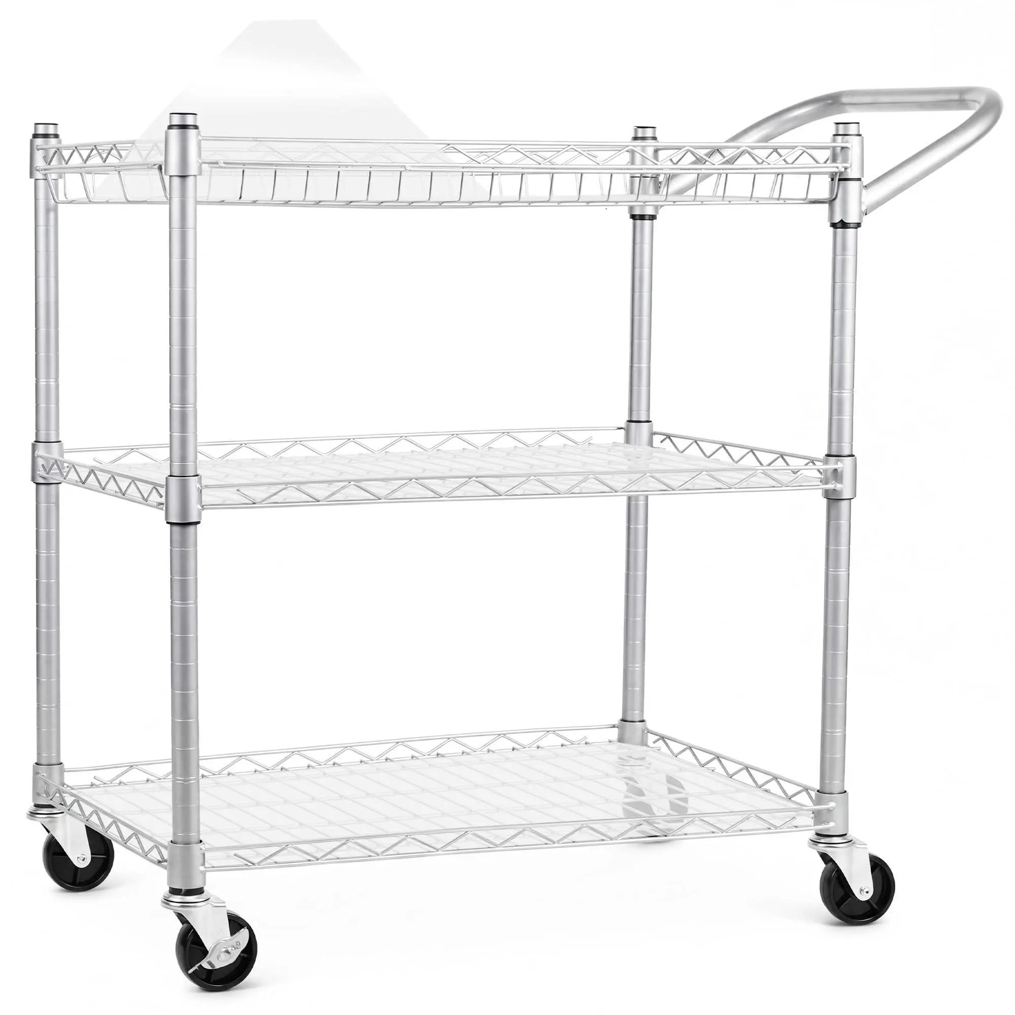 GARVEE Heavy Duty 3 Tier Rolling Utility Kitchen Cart on Wheels, Silver, 990Lbs Metal Serving Cart with Handle Bar & Shelf Liner, for Office School Resturant Kitchen Hardware
